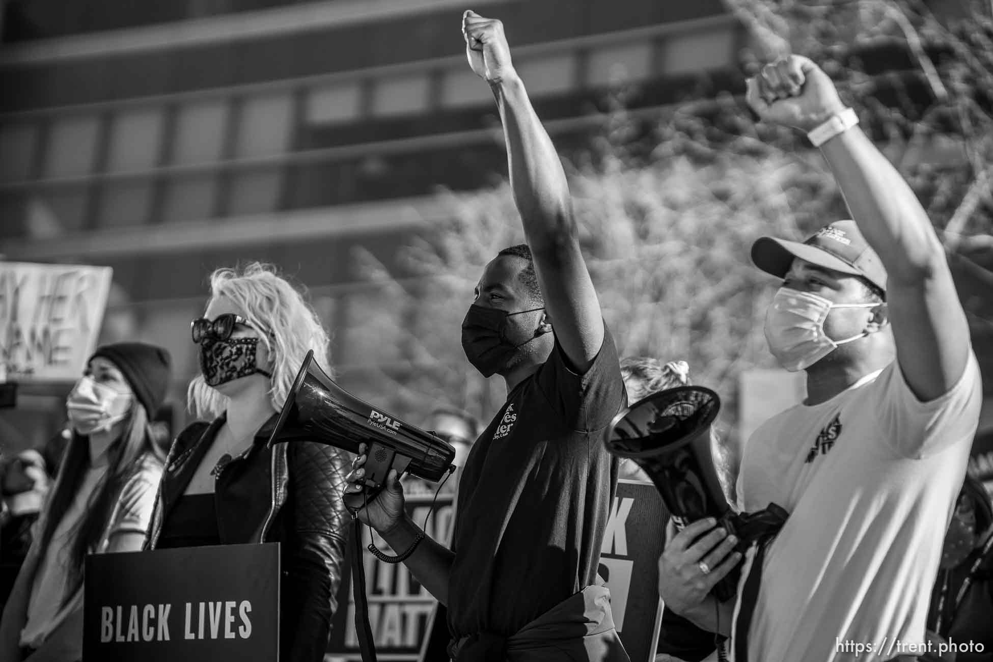 (Trent Nelson  |  The Salt Lake Tribune) People rally at the Public Safety Building in Salt Lake City on Tuesday, April 20, 2021 to mark the conviction of Derek Chauvin for the murder of George Floyd.