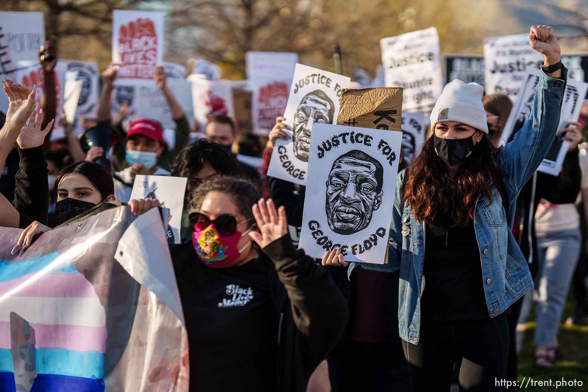 (Trent Nelson  |  The Salt Lake Tribune) People march in Salt Lake City on Tuesday, April 20, 2021 to mark the conviction of Derek Chauvin for the murder of George Floyd.