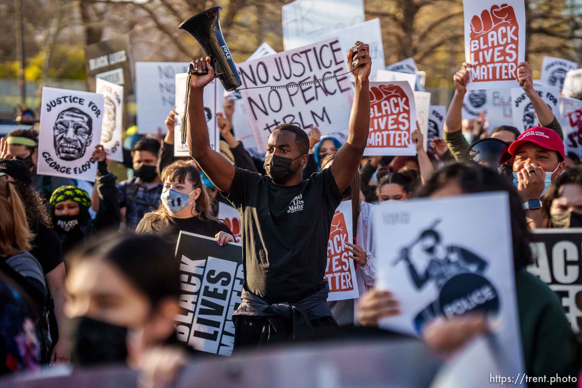 (Trent Nelson  |  The Salt Lake Tribune) People march in Salt Lake City on Tuesday, April 20, 2021 to mark the conviction of Derek Chauvin for the murder of George Floyd.