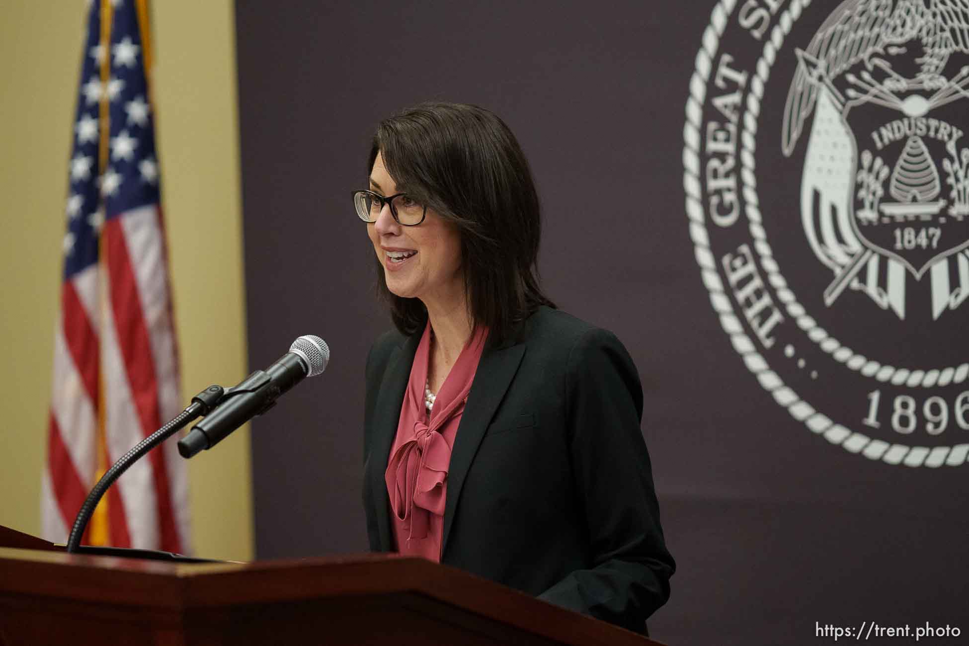 (Trent Nelson  |  The Salt Lake Tribune) Lt. Gov. Deidre Henderson at a news conference in Salt Lake City on Thursday, April 22, 2021.