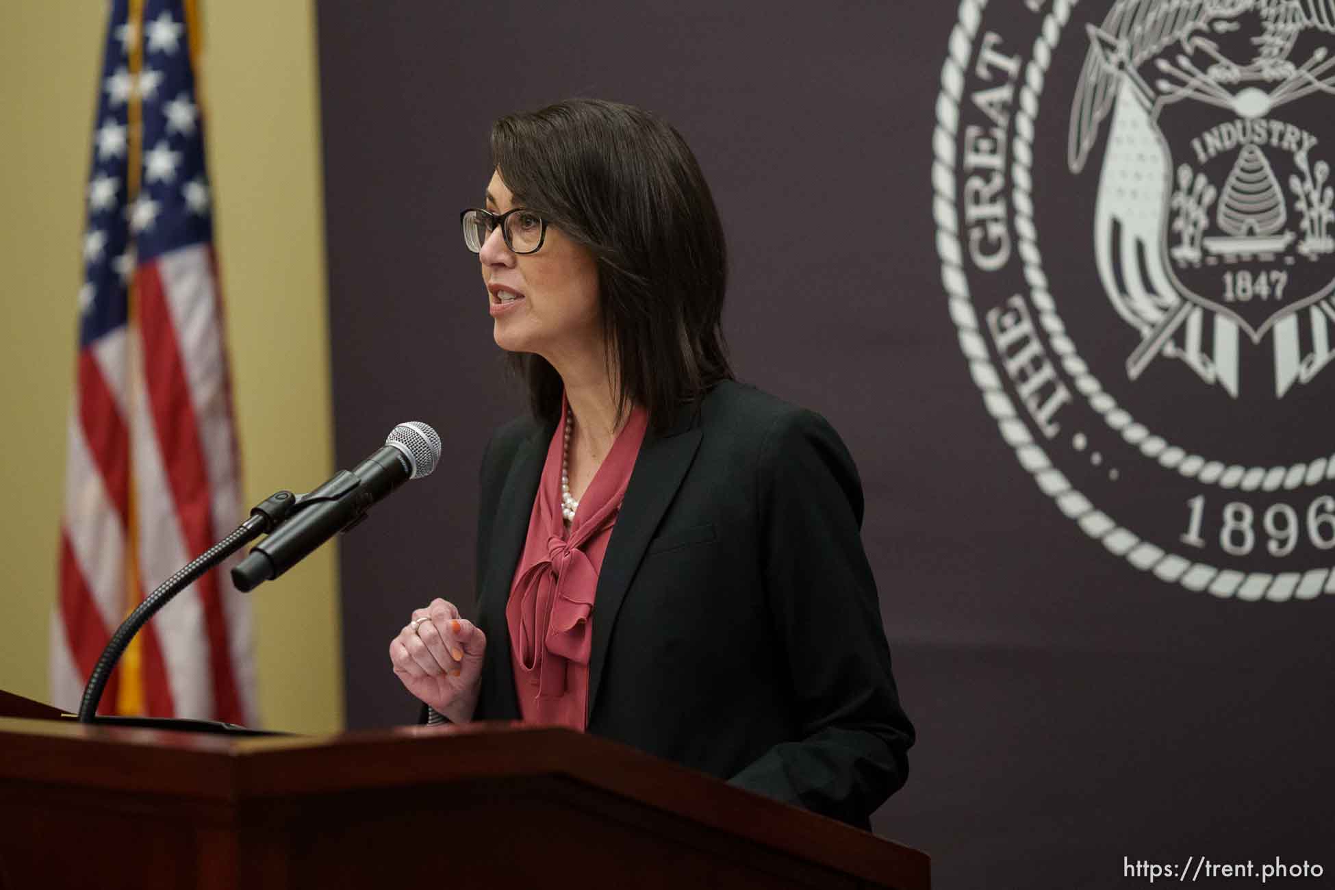 (Trent Nelson  |  The Salt Lake Tribune) Lt. Gov. Deidre Henderson at a news conference in Salt Lake City on Thursday, April 22, 2021.