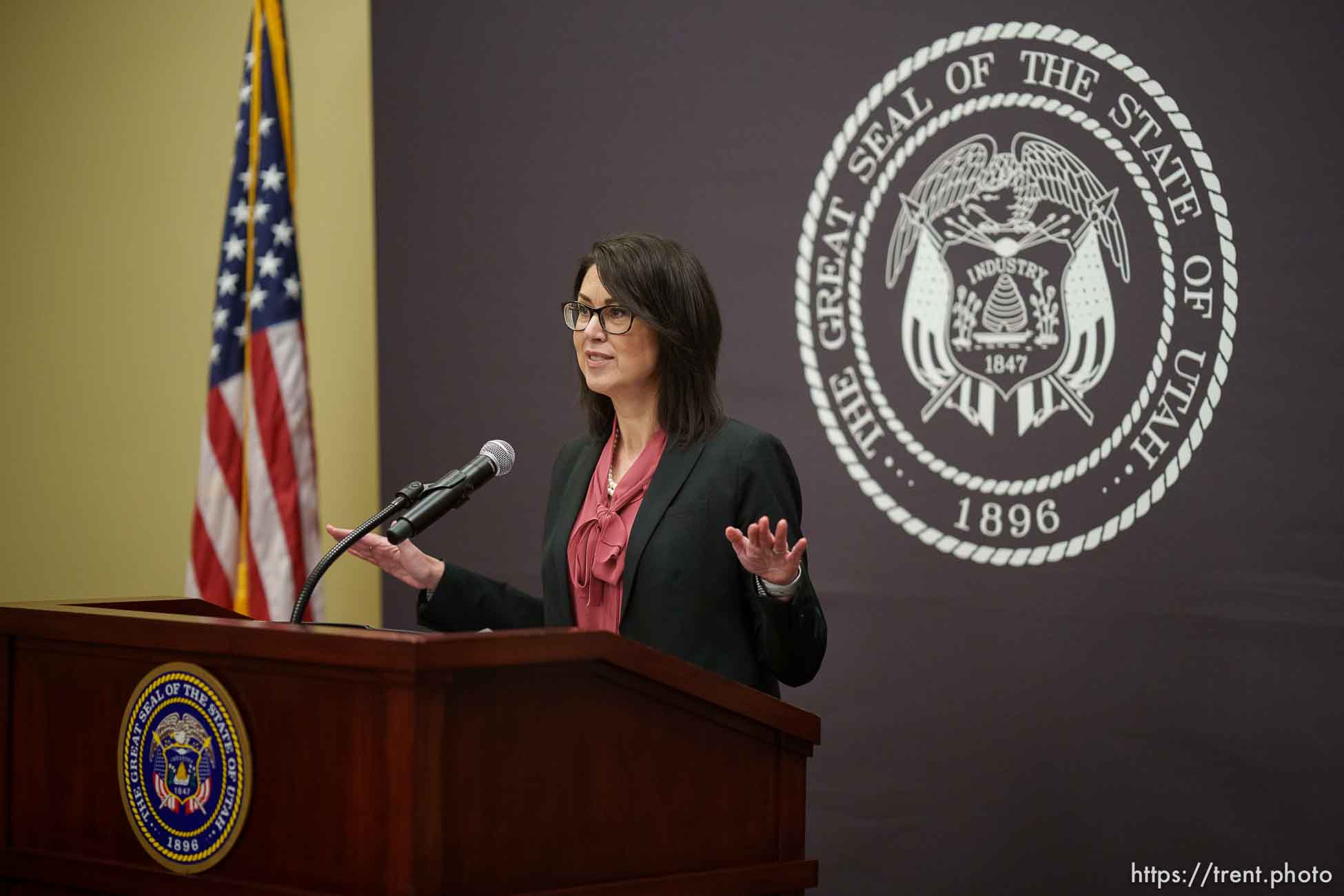 (Trent Nelson  |  The Salt Lake Tribune) Lt. Gov. Deidre Henderson at a news conference in Salt Lake City on Thursday, April 22, 2021.