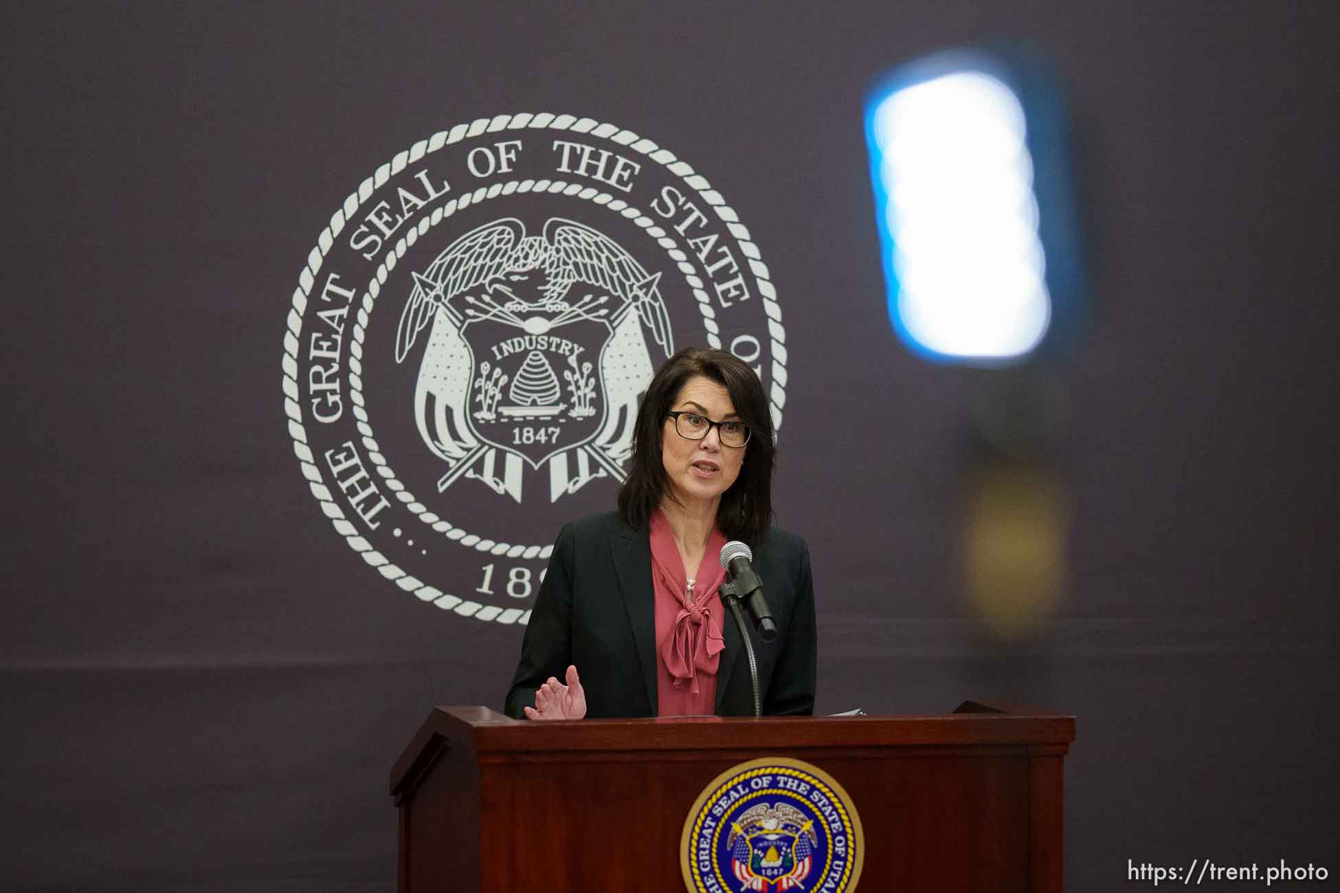 (Trent Nelson  |  The Salt Lake Tribune) Lt. Gov. Deidre Henderson at a news conference in Salt Lake City on Thursday, April 22, 2021.