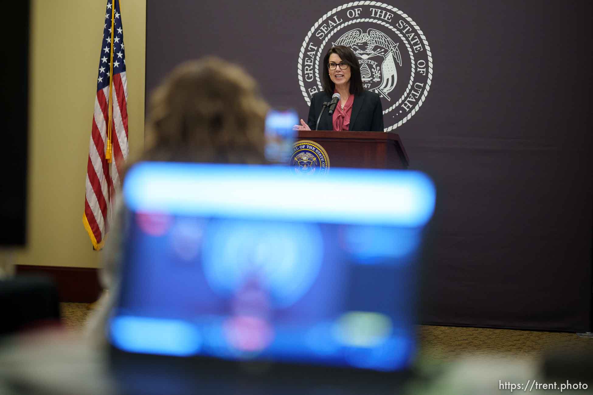 (Trent Nelson  |  The Salt Lake Tribune) Lt. Gov. Deidre Henderson at a news conference in Salt Lake City on Thursday, April 22, 2021.