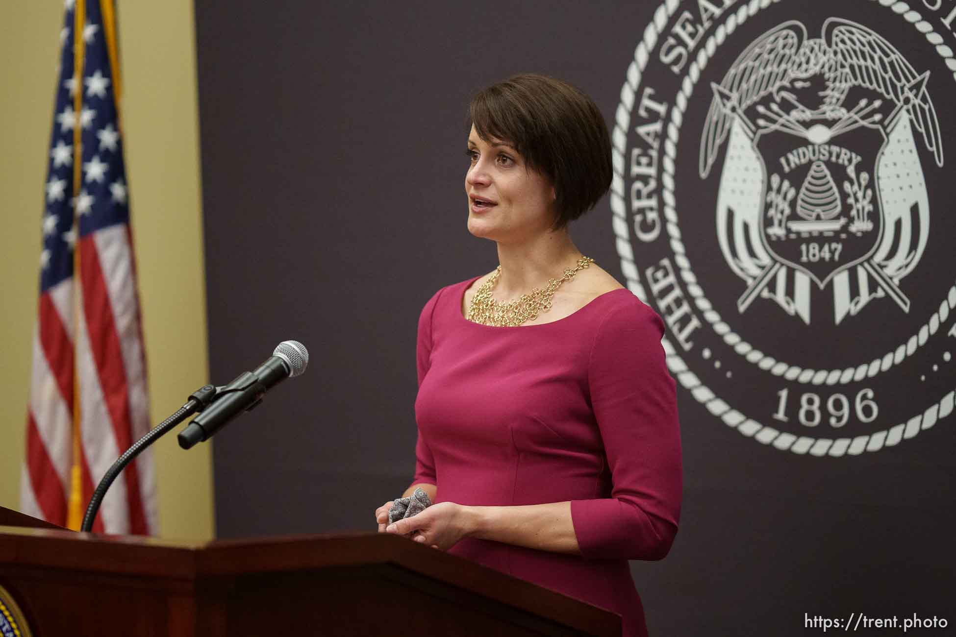 (Trent Nelson  |  The Salt Lake Tribune) Dr. Angela Dunn at a news conference in Salt Lake City on Thursday, April 22, 2021.