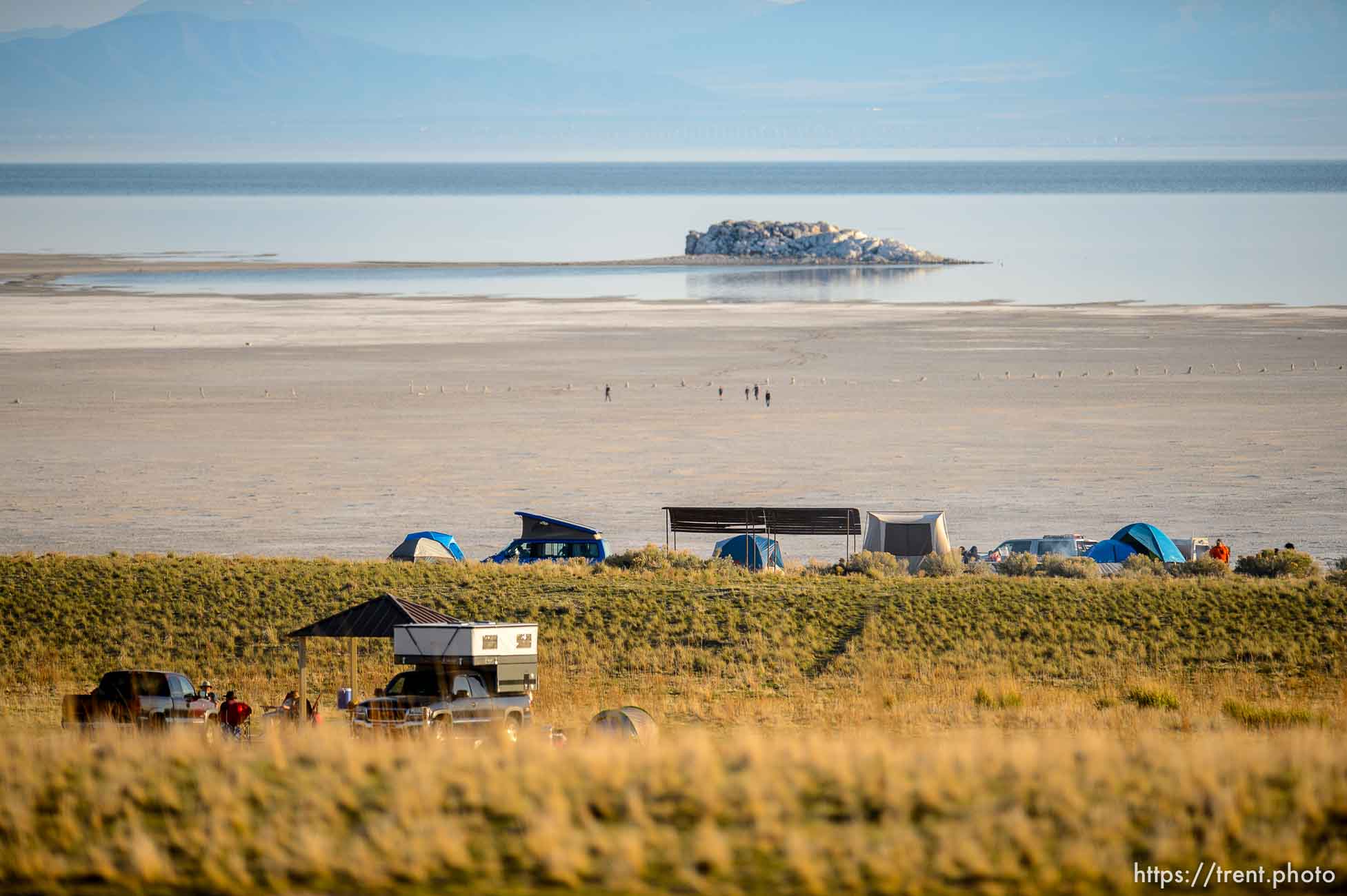 (Trent Nelson  |  The Salt Lake Tribune) Campers at the White Rock Bay Campground of Antelope Island State Park on Friday, April 23, 2021.