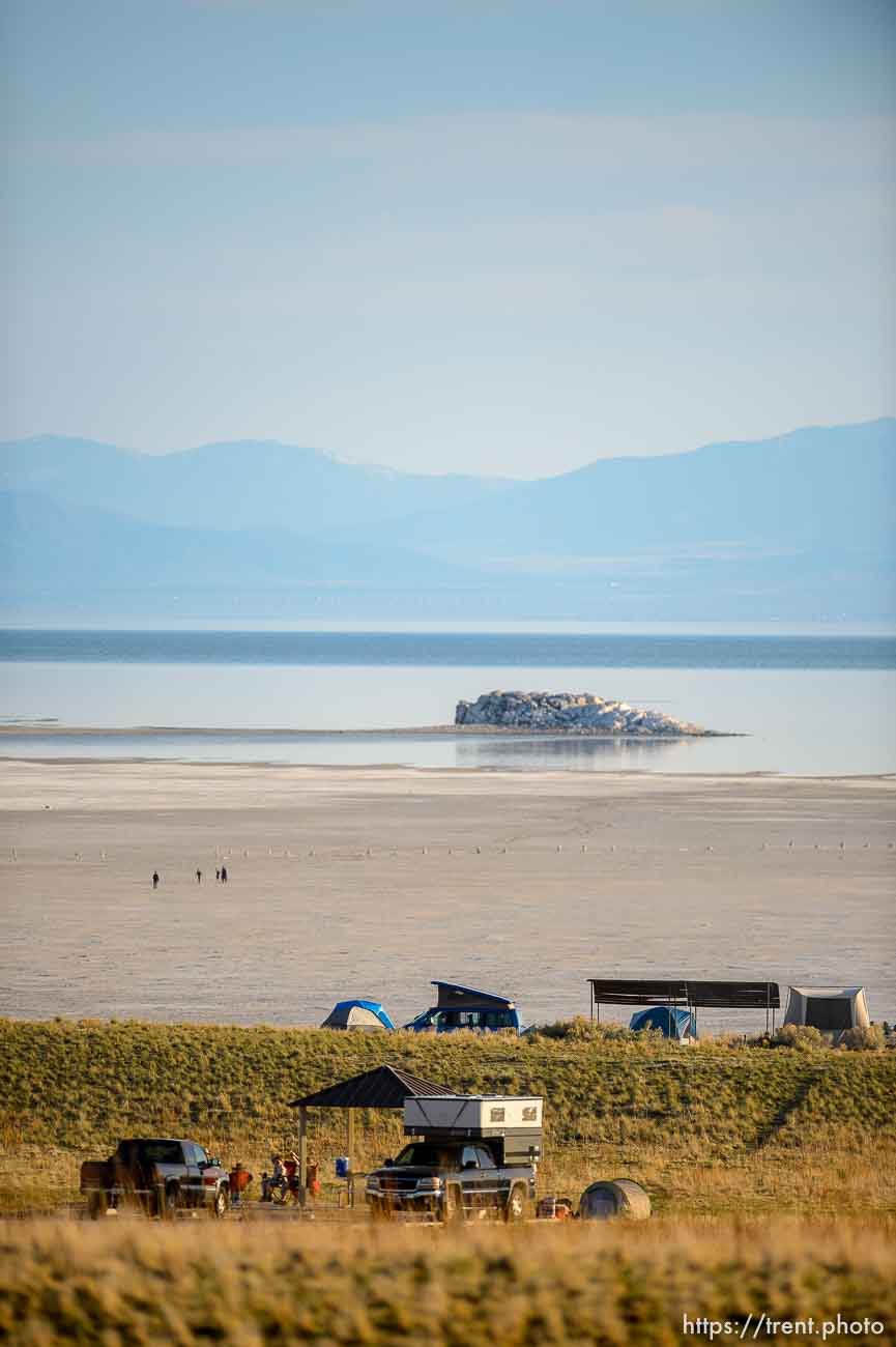 (Trent Nelson  |  The Salt Lake Tribune) Campers at the White Rock Bay Campground of Antelope Island State Park on Friday, April 23, 2021.