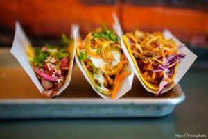 (Trent Nelson  |  The Salt Lake Tribune) The Chancho, Tikka, and The Royal at ROCTACO in Salt Lake City on Monday, April 26, 2021.