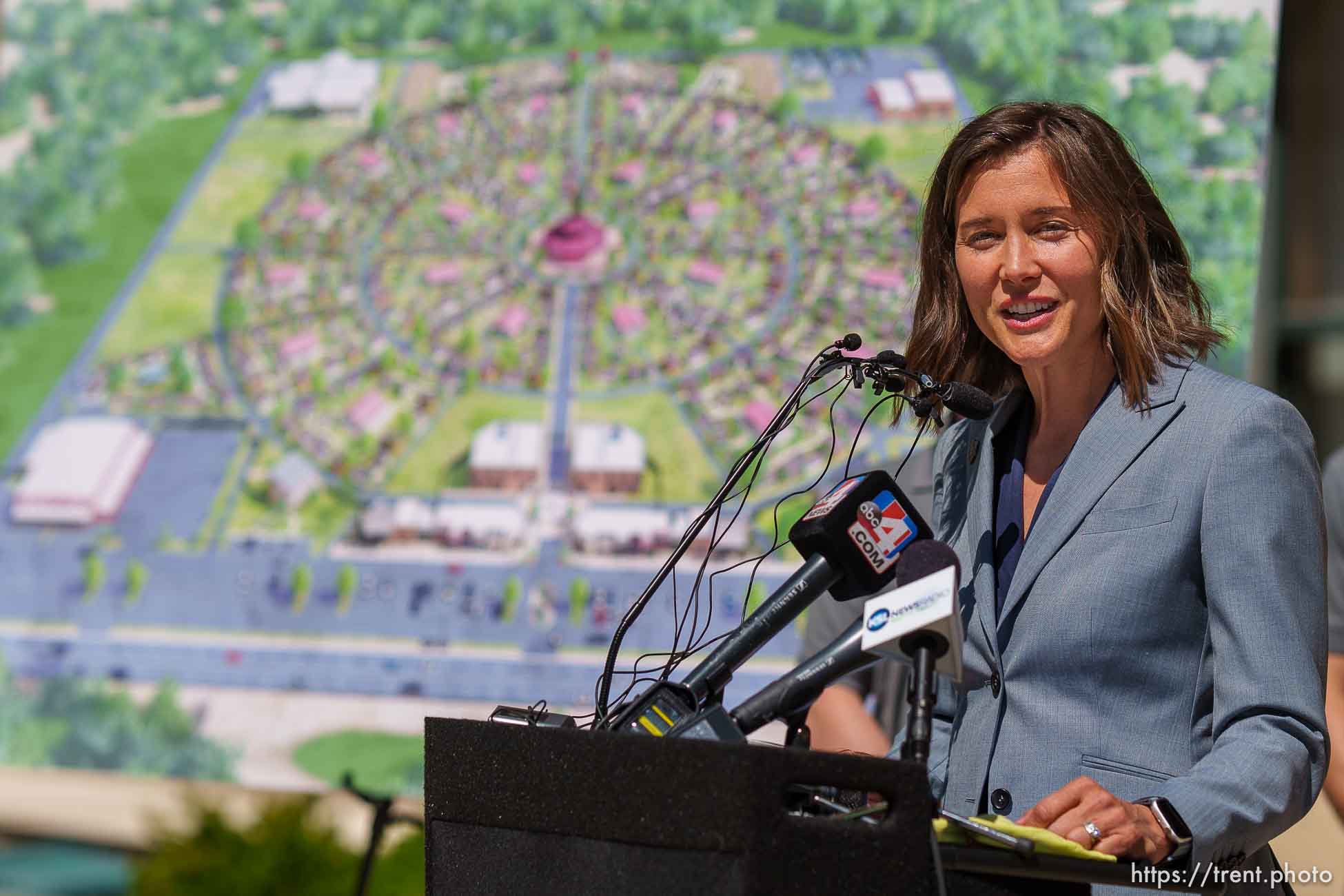 (Trent Nelson  |  The Salt Lake Tribune) Mayor Erin Mendenhall talks about the status of her goal to have a tiny home pilot in place this winter during a news conference in Salt Lake City on Thursday, April 29, 2021. At rear is a conceptual drawing.