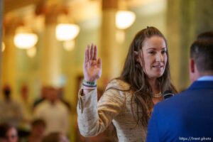 (Trent Nelson  |  The Salt Lake Tribune) Amelia Powers Gardner sworn in as Utah County Commissioner by Josh Daniels in Provo on Thursday, April 29, 2021. Powers Gardner replaces Tanner Ainge and is the first woman ever to serve on the commission.