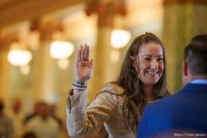 (Trent Nelson  |  The Salt Lake Tribune) Amelia Powers Gardner sworn in as Utah County Commissioner by Josh Daniels in Provo on Thursday, April 29, 2021. Powers Gardner replaces Tanner Ainge and is the first woman ever to serve on the commission.