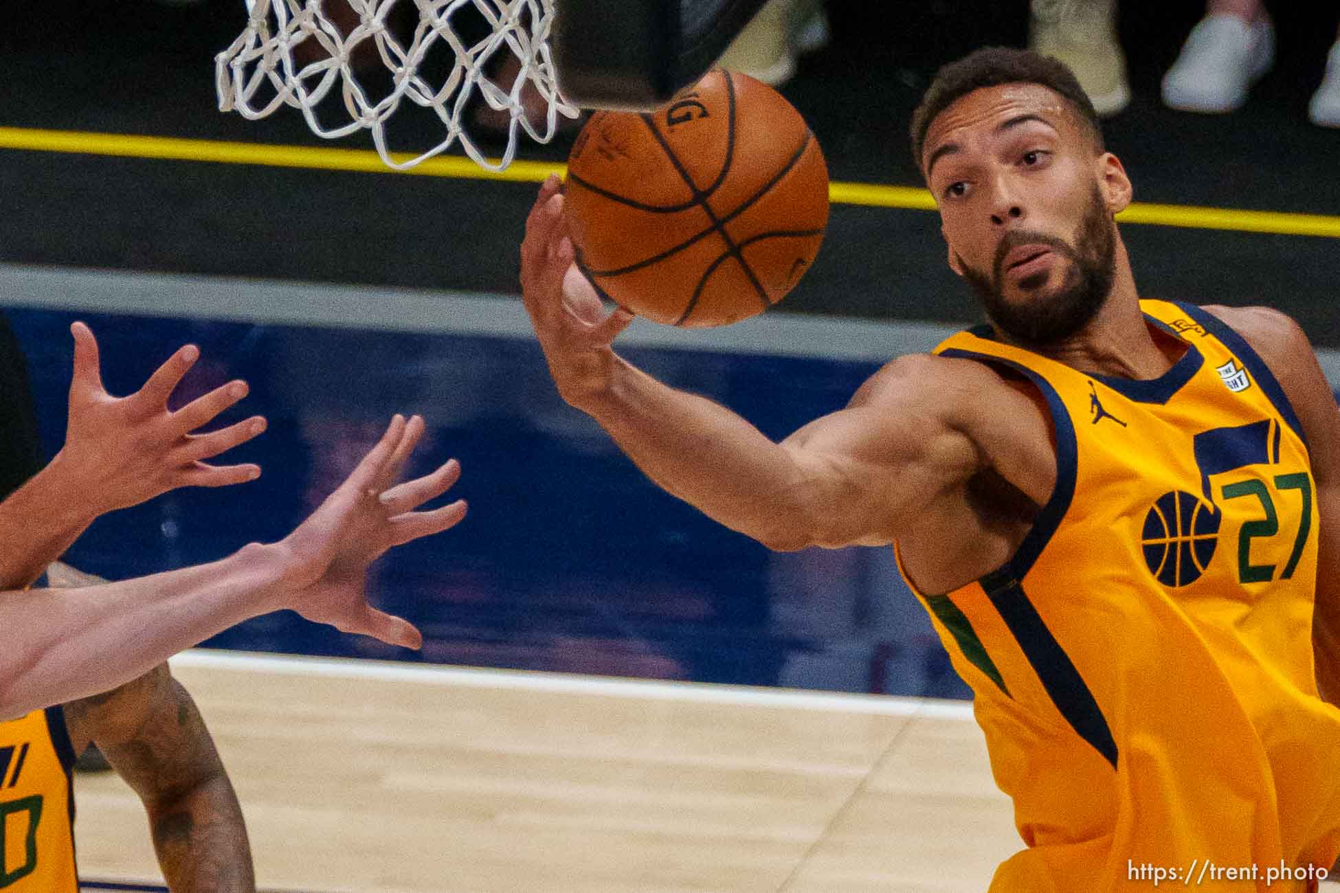 (Trent Nelson  |  The Salt Lake Tribune) Utah Jazz center Rudy Gobert (27) pulls in a rebound as the Utah Jazz host the San Antonio Spurs, NBA basketball in Salt Lake City on Monday, May 3, 2021.