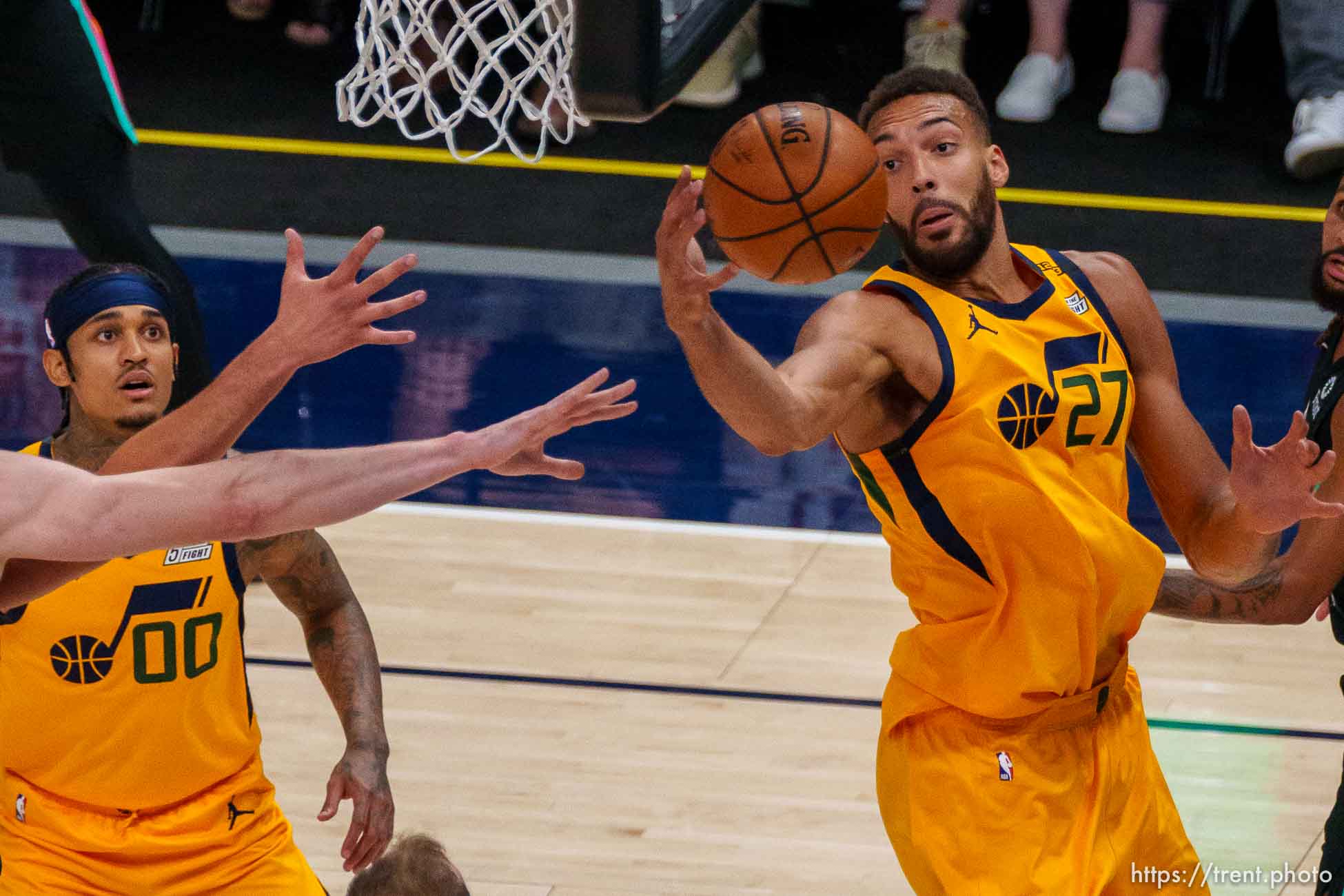 (Trent Nelson  |  The Salt Lake Tribune) Utah Jazz center Rudy Gobert (27) pulls in a rebound as the Utah Jazz host the San Antonio Spurs, NBA basketball in Salt Lake City on Monday, May 3, 2021.