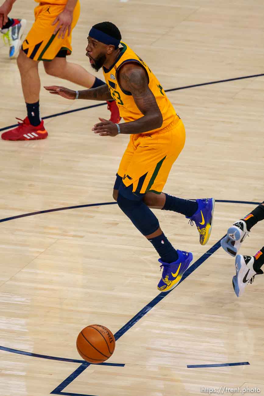 (Trent Nelson  |  The Salt Lake Tribune) Utah Jazz forward Royce O'Neale (23) reacts to a foul call as the Utah Jazz host the San Antonio Spurs, NBA basketball in Salt Lake City on Monday, May 3, 2021.