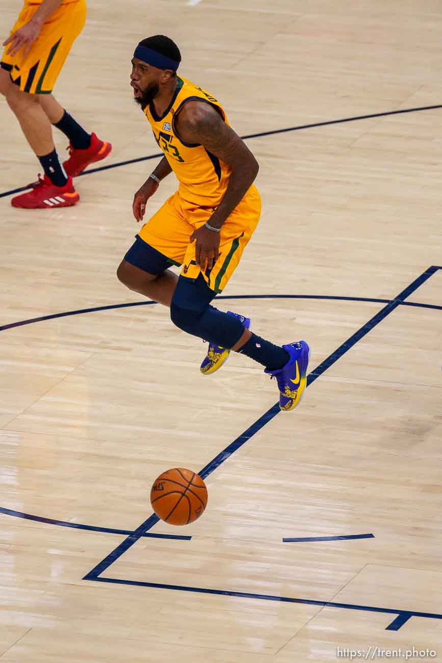 (Trent Nelson  |  The Salt Lake Tribune) Utah Jazz forward Royce O'Neale (23) reacts to a foul call as the Utah Jazz host the San Antonio Spurs, NBA basketball in Salt Lake City on Monday, May 3, 2021.