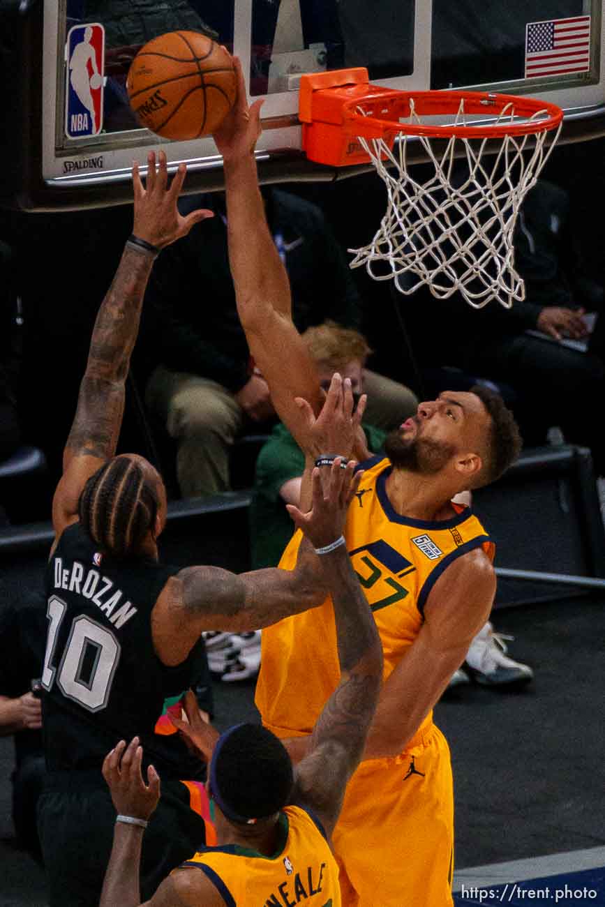 (Trent Nelson  |  The Salt Lake Tribune) Utah Jazz center Rudy Gobert (27) blocks San Antonio Spurs forward DeMar DeRozan (10) as the Utah Jazz host the San Antonio Spurs, NBA basketball in Salt Lake City on Monday, May 3, 2021.