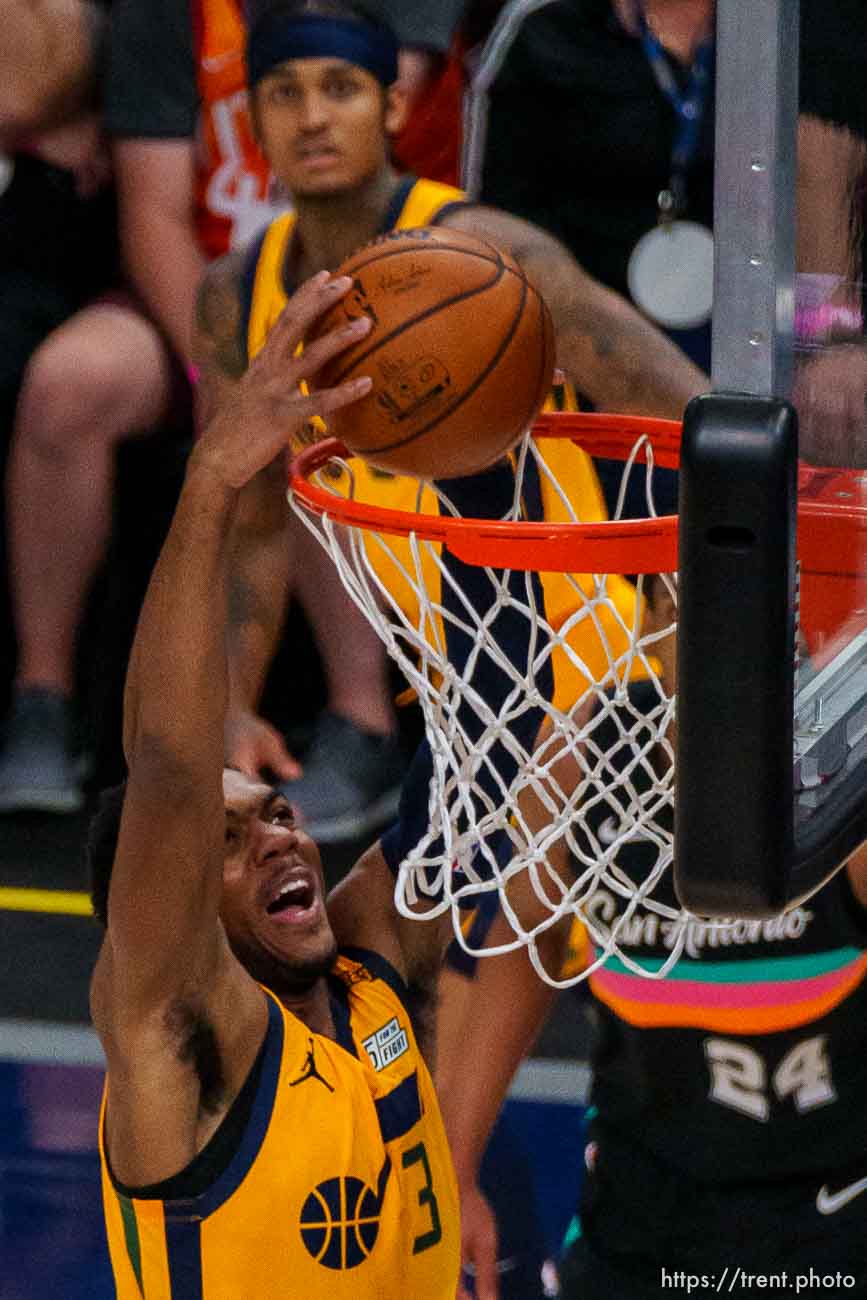 (Trent Nelson  |  The Salt Lake Tribune) Utah Jazz guard Trent Forrest (3) as the Utah Jazz host the San Antonio Spurs, NBA basketball in Salt Lake City on Monday, May 3, 2021.