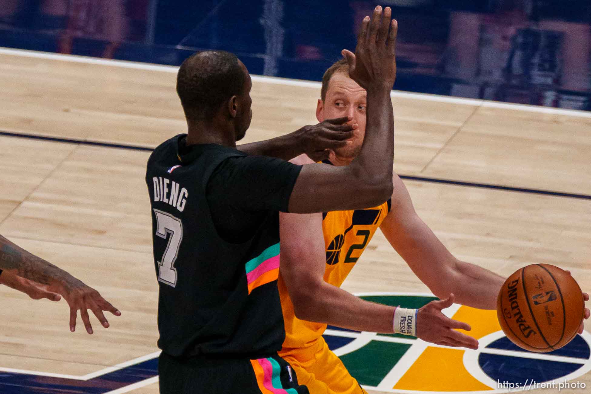 (Trent Nelson  |  The Salt Lake Tribune) San Antonio Spurs center Gorgui Dieng (7) and Utah Jazz guard Joe Ingles (2) as the Utah Jazz host the San Antonio Spurs, NBA basketball in Salt Lake City on Monday, May 3, 2021.