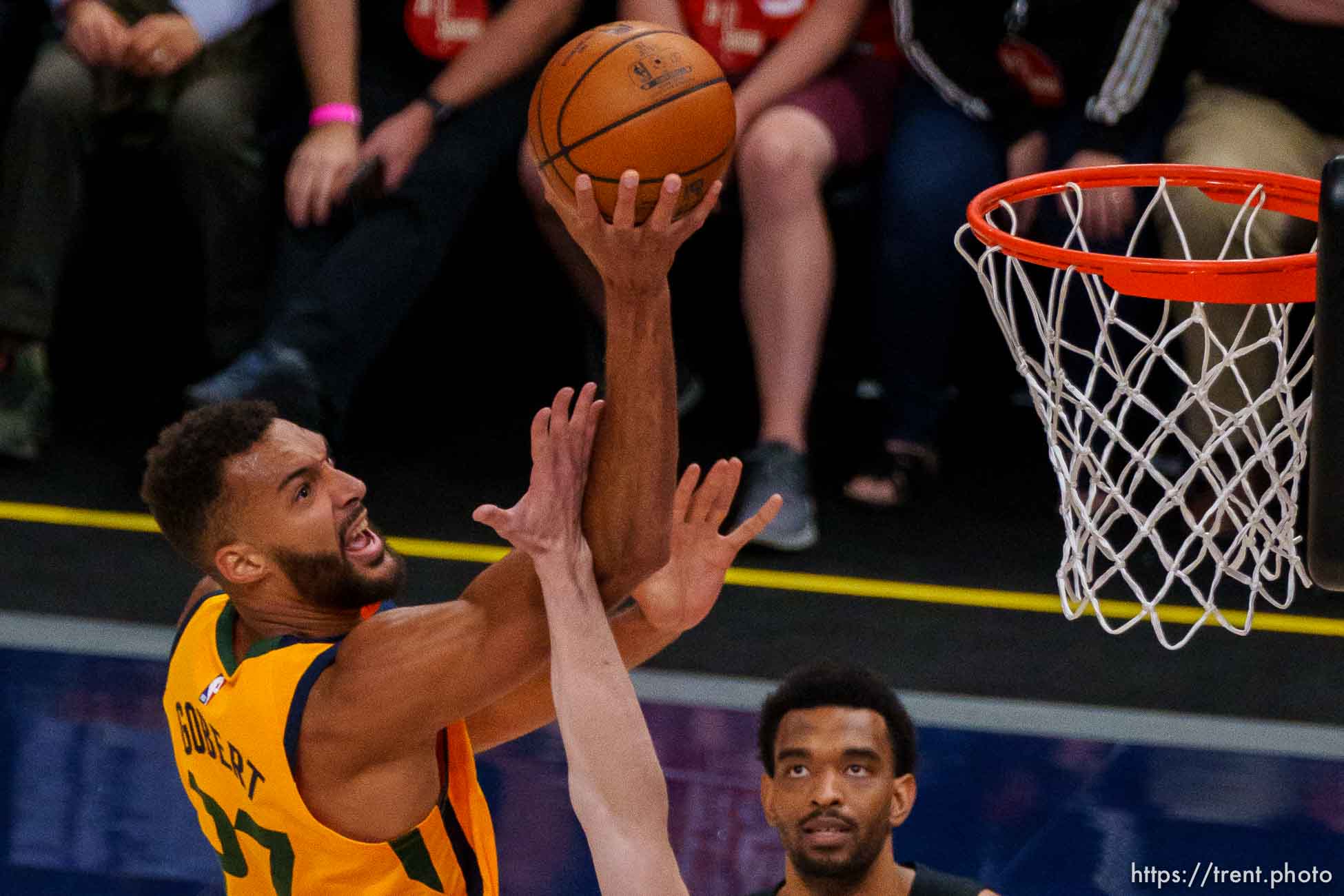 (Trent Nelson  |  The Salt Lake Tribune) Utah Jazz center Rudy Gobert (27) as the Utah Jazz host the San Antonio Spurs, NBA basketball in Salt Lake City on Monday, May 3, 2021.