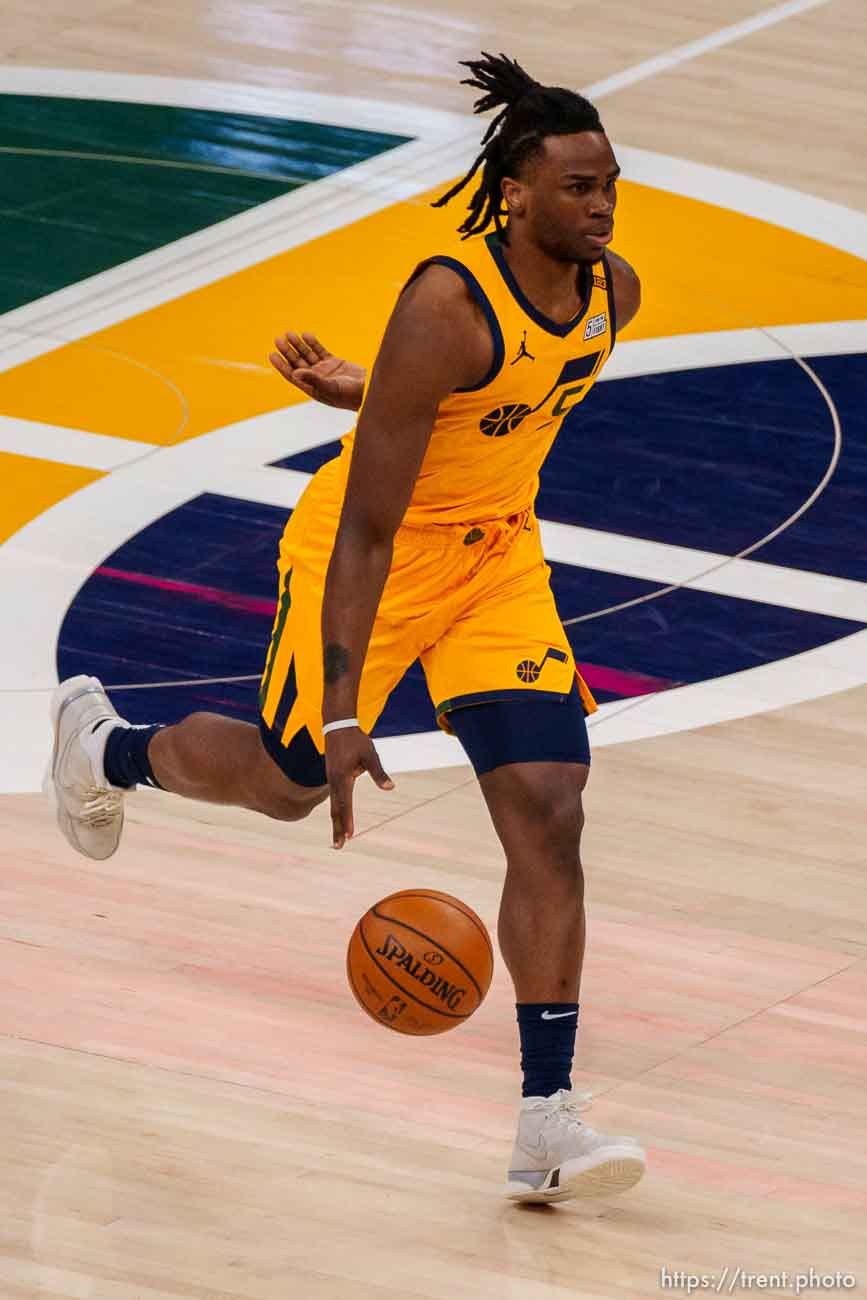 (Trent Nelson  |  The Salt Lake Tribune) Utah Jazz forward Jarrell Brantley (5) as the Utah Jazz host the San Antonio Spurs, NBA basketball in Salt Lake City on Monday, May 3, 2021.