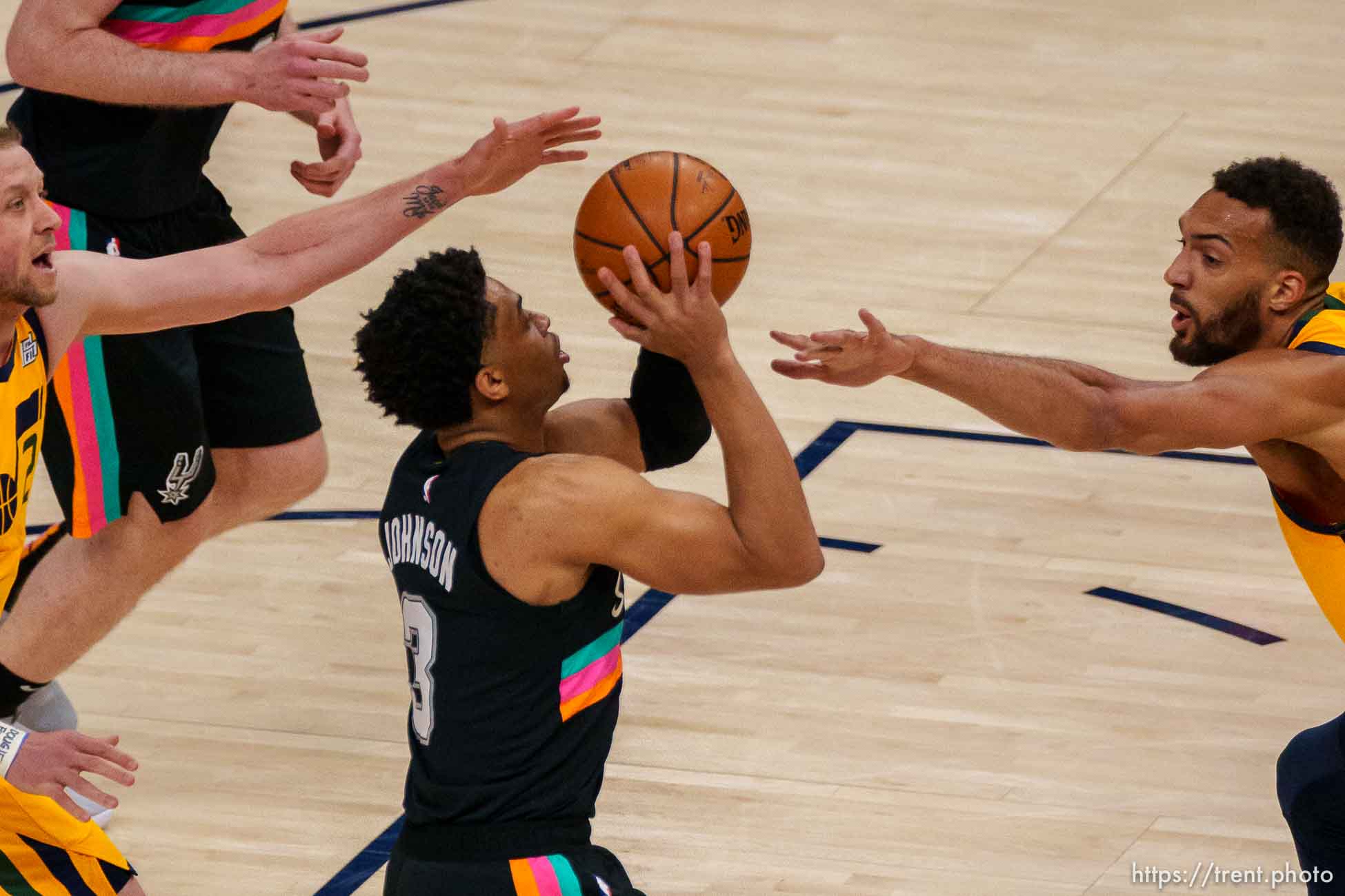 (Trent Nelson  |  The Salt Lake Tribune) Utah Jazz guard Trent Forrest (3) as the Utah Jazz host the San Antonio Spurs, NBA basketball in Salt Lake City on Monday, May 3, 2021. Utah Jazz guard Joe Ingles (2) Utah Jazz center Rudy Gobert (27)