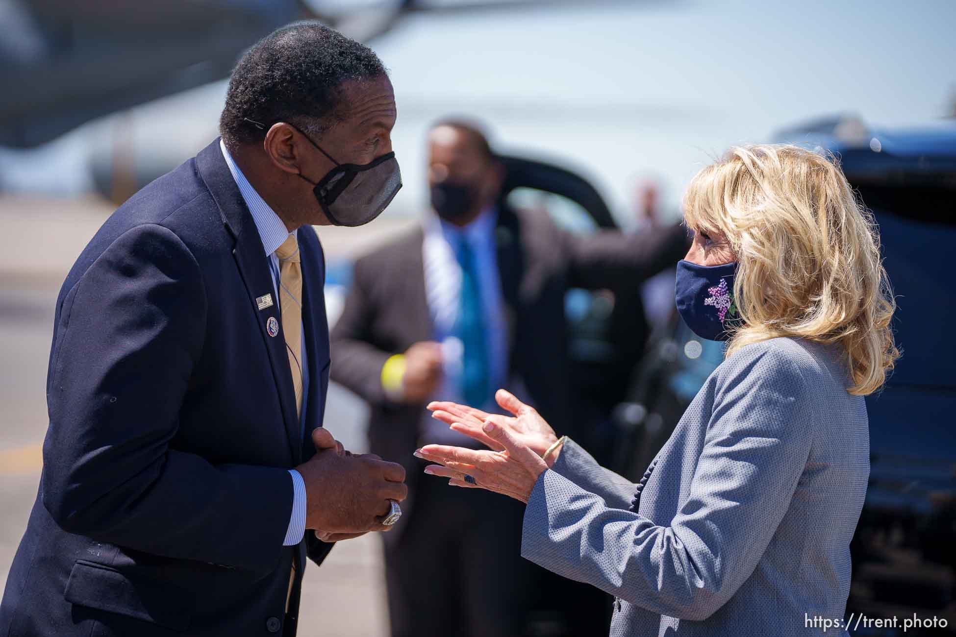 (Trent Nelson  |  The Salt Lake Tribune) First lady Jill Biden is greeted by Rep. Burgess Owens in Salt Lake City on Wednesday, May 5, 2021.