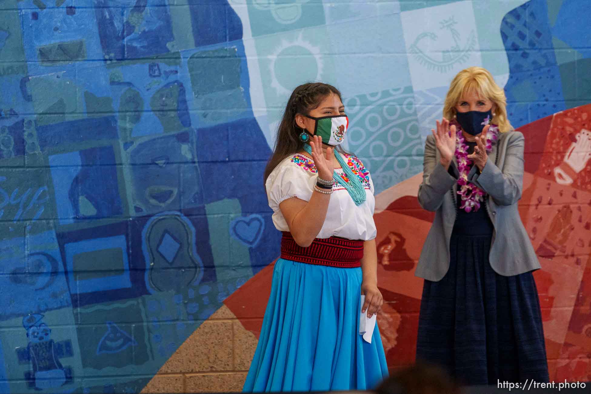 (Trent Nelson  |  The Salt Lake Tribune) First lady Jill Biden, right, applauds student Rosa Sanchez Garcia, at Glendale Middle School in Salt Lake City on Wednesday, May 5, 2021.