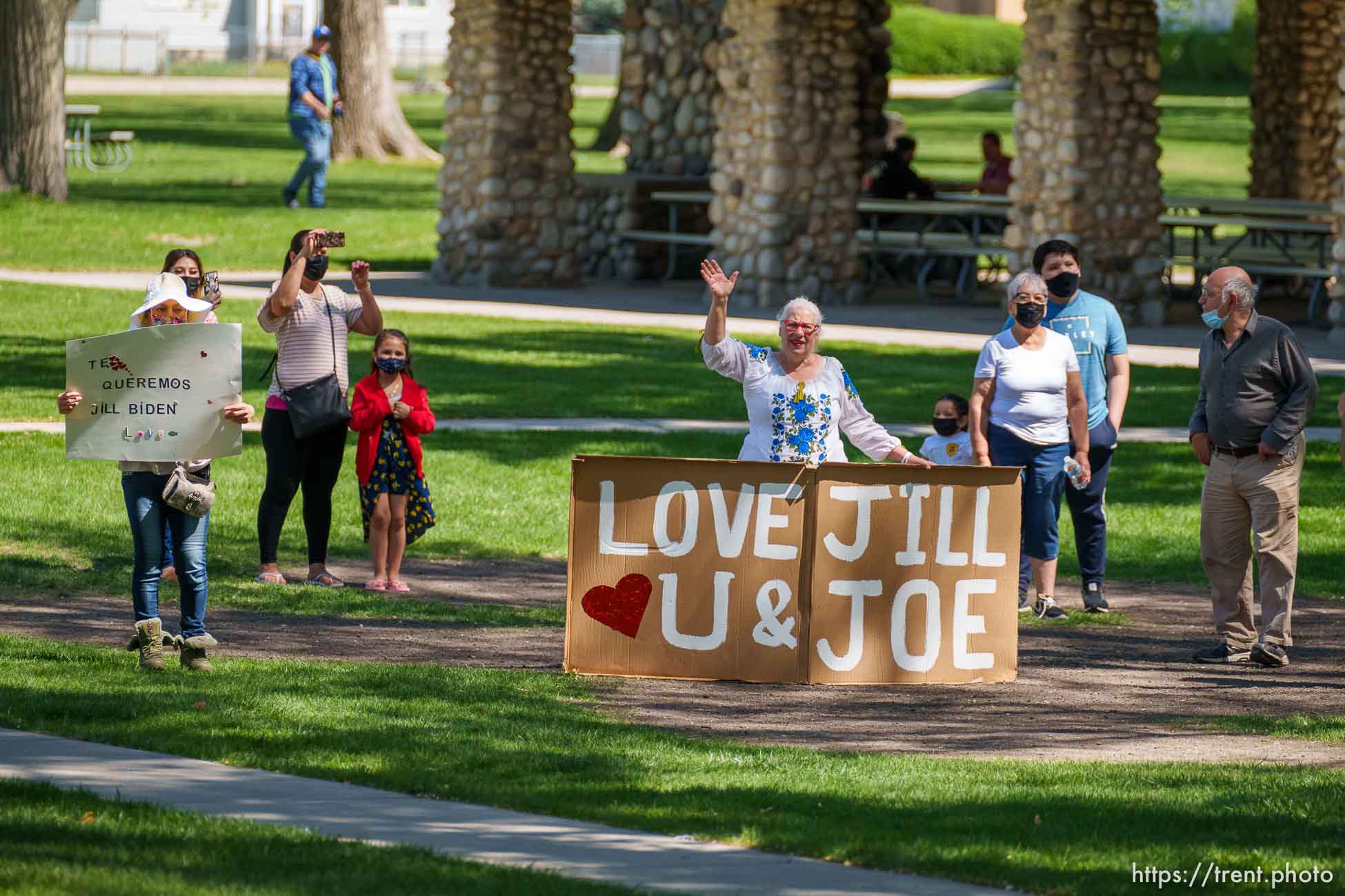 (Trent Nelson  |  The Salt Lake Tribune) People out to see first lady Jill Biden's motorcade in Jordan Park in Salt Lake City on Wednesday, May 5, 2021.