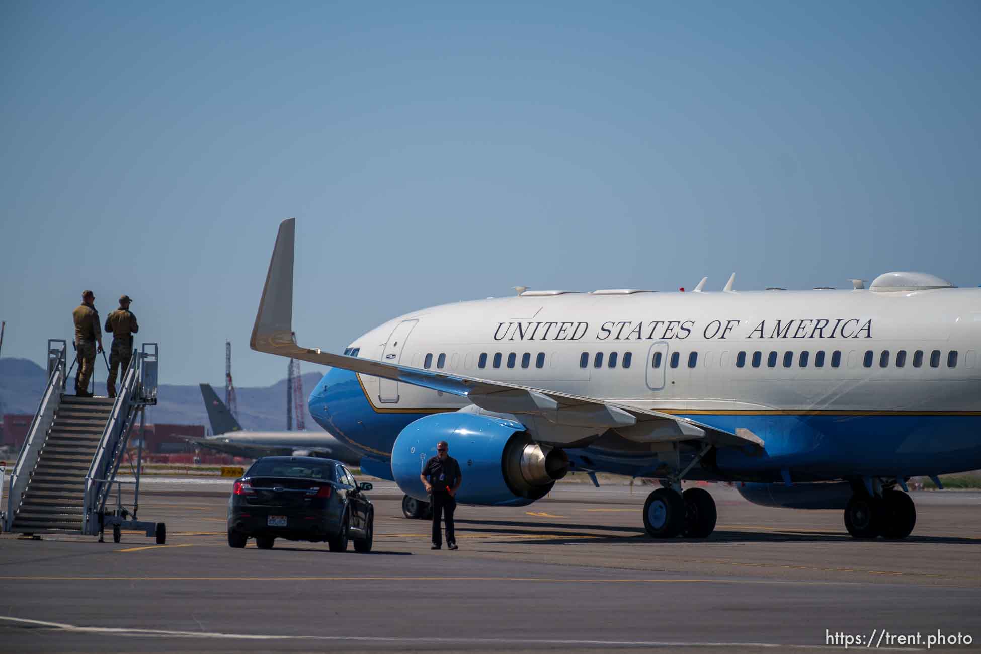 (Trent Nelson  |  The Salt Lake Tribune) The plane carrying first lady Jill Biden passes security while preparing to take off in Salt Lake City on Wednesday, May 5, 2021.