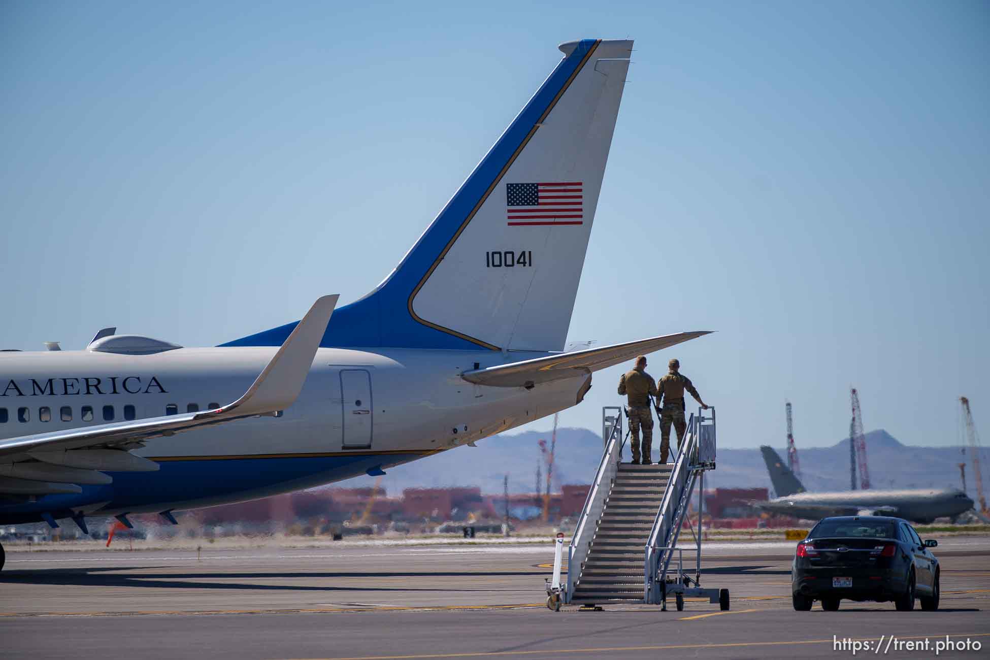 (Trent Nelson  |  The Salt Lake Tribune) The plane carrying first lady Jill Biden passes security while preparing to take off in Salt Lake City on Wednesday, May 5, 2021.