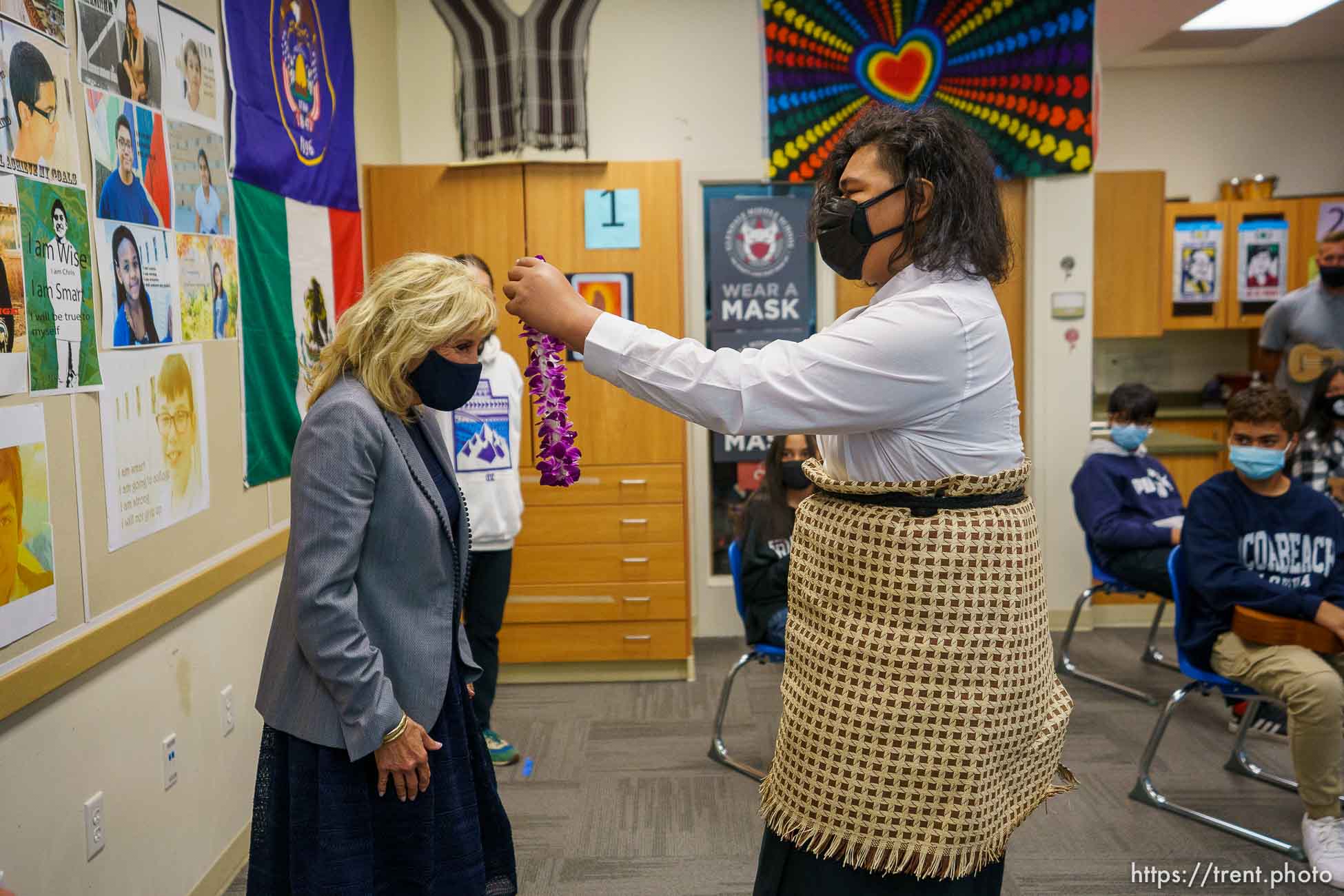 (Trent Nelson  |  The Salt Lake Tribune) Ilai Kaufusi presents first lady Jill Biden with a traditional lei at Glendale Middle School in Salt Lake City on Wednesday, May 5, 2021.