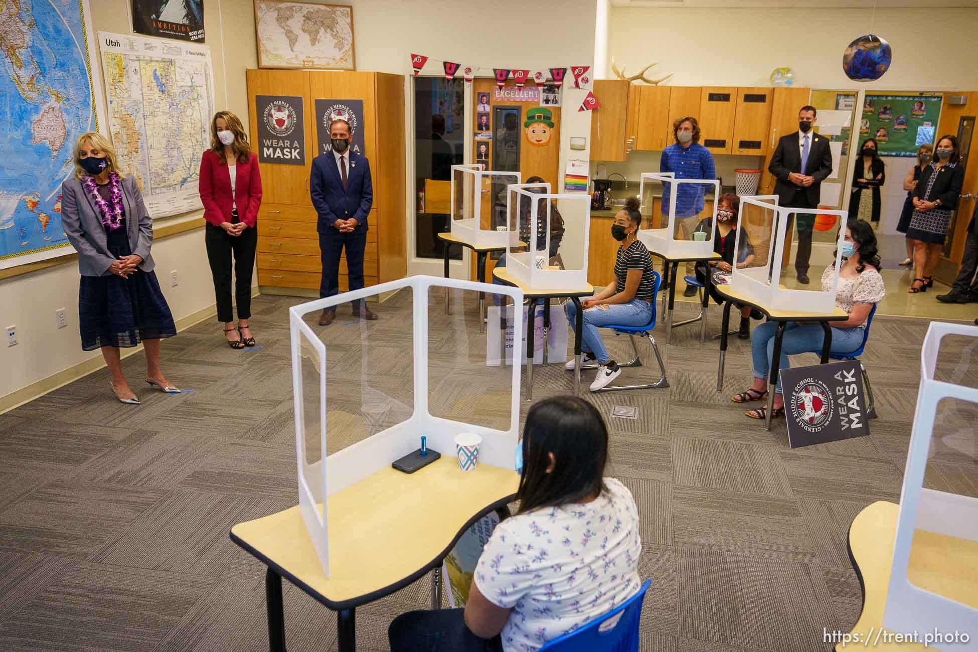 (Trent Nelson  |  The Salt Lake Tribune) First lady Jill Biden, Abby Cox, and Rep. Chris Stewart listen students at Glendale Middle School in Salt Lake City on Wednesday, May 5, 2021.