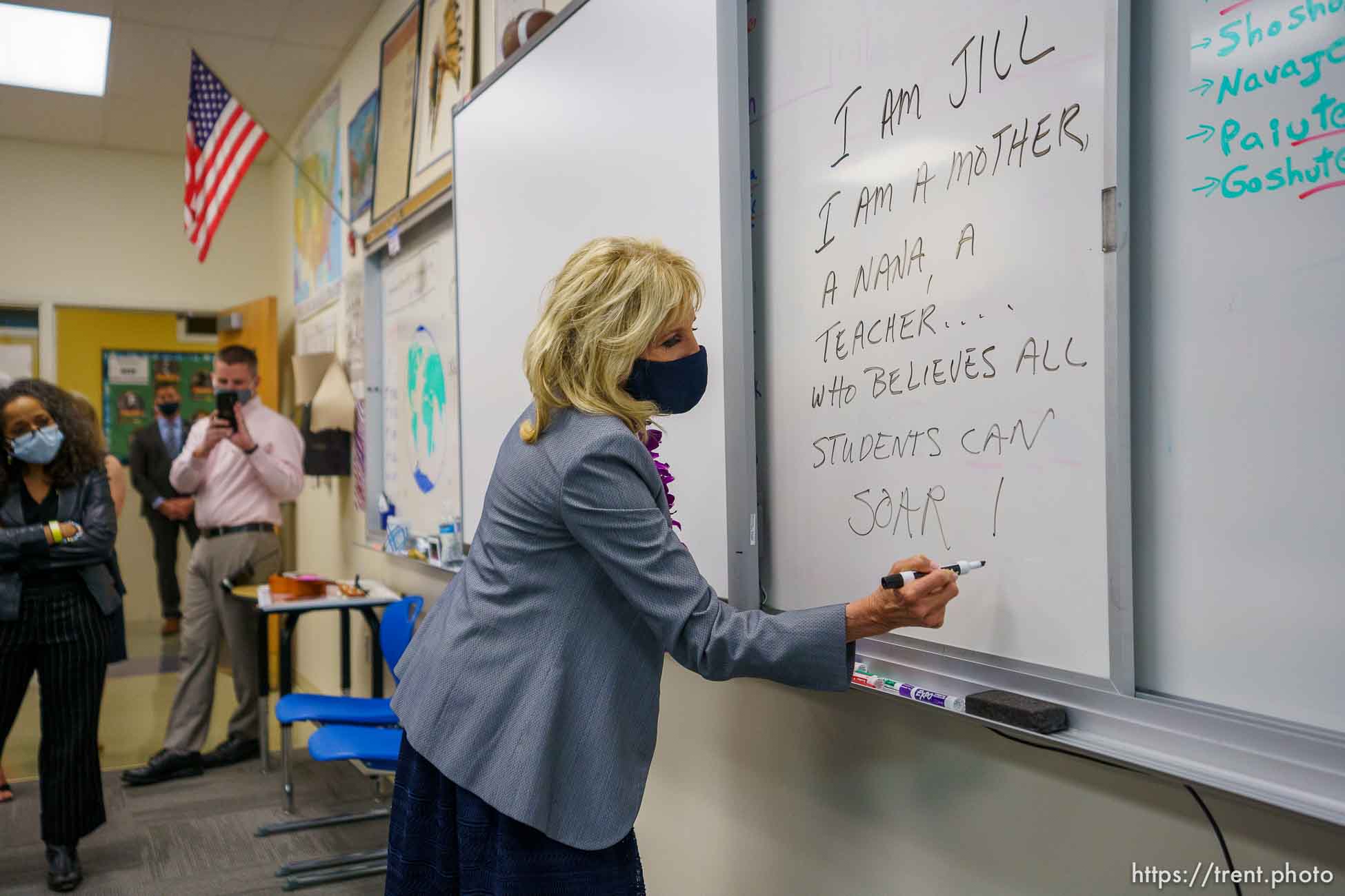 (Trent Nelson  |  The Salt Lake Tribune) First lady Jill Biden completes an assignment, writing a statement about herself, at Glendale Middle School in Salt Lake City on Wednesday, May 5, 2021.