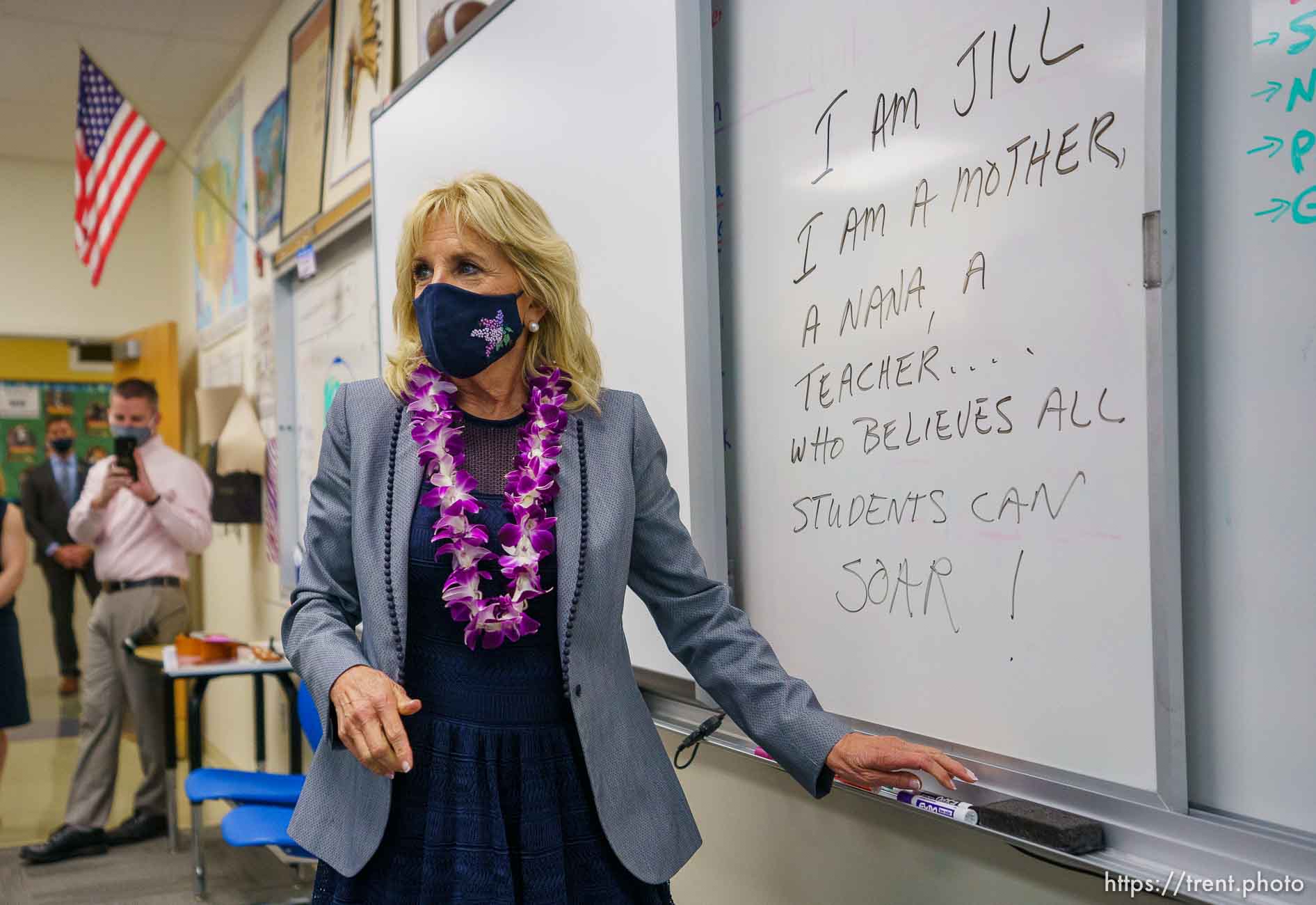 (Trent Nelson  |  The Salt Lake Tribune) First lady Jill Biden completes an assignment, writing a statement about herself, at Glendale Middle School in Salt Lake City on Wednesday, May 5, 2021.