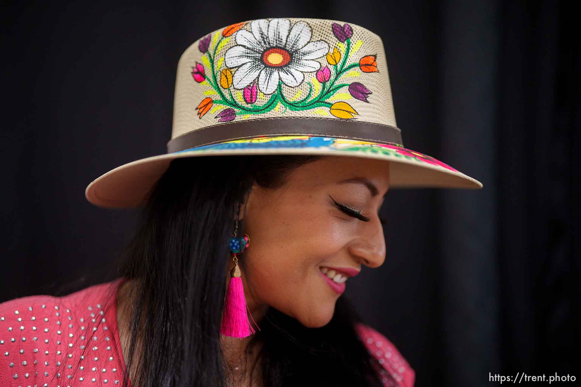 (Trent Nelson  |  The Salt Lake Tribune) Denisse Hernandez models one of her hats at Strength in Shades at the föhn event venue in South Jordan on Friday, May 7, 2021. Strength in Shades is a monthly market created by and for female entrepreneurs of color.