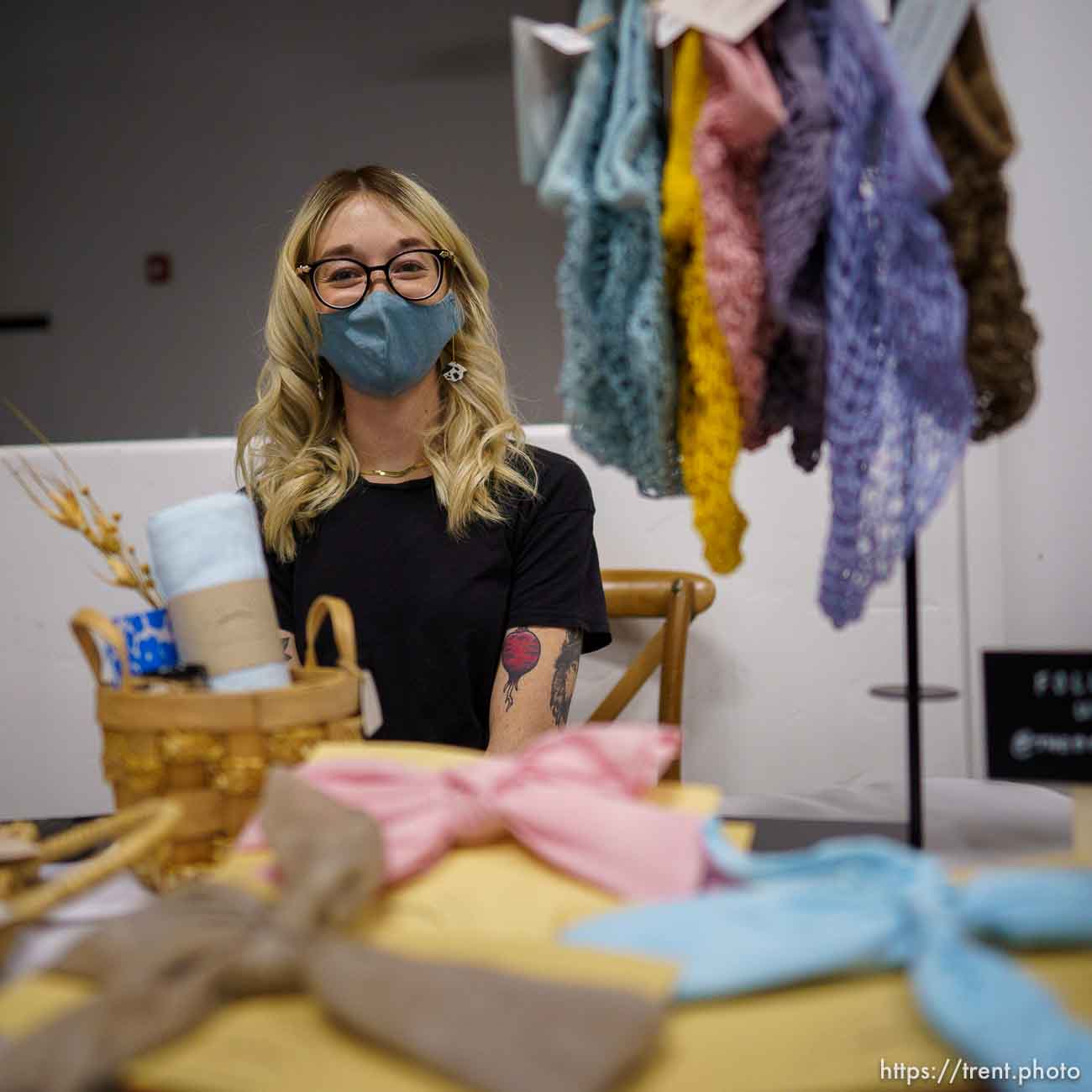 (Trent Nelson  |  The Salt Lake Tribune) Joelle Wymer selling plant-based dyed materials at Strength in Shades at the föhn event venue in South Jordan on Friday, May 7, 2021. Strength in Shades is a monthly market created by and for female entrepreneurs of color.