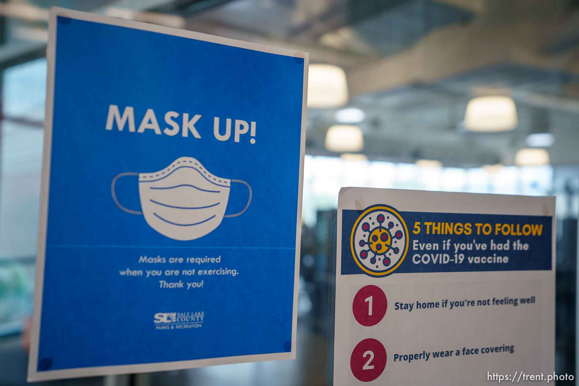 (Trent Nelson  |  The Salt Lake Tribune) A sign detailing the mask policy at the Draper Recreation Center on Monday, May 10, 2021.