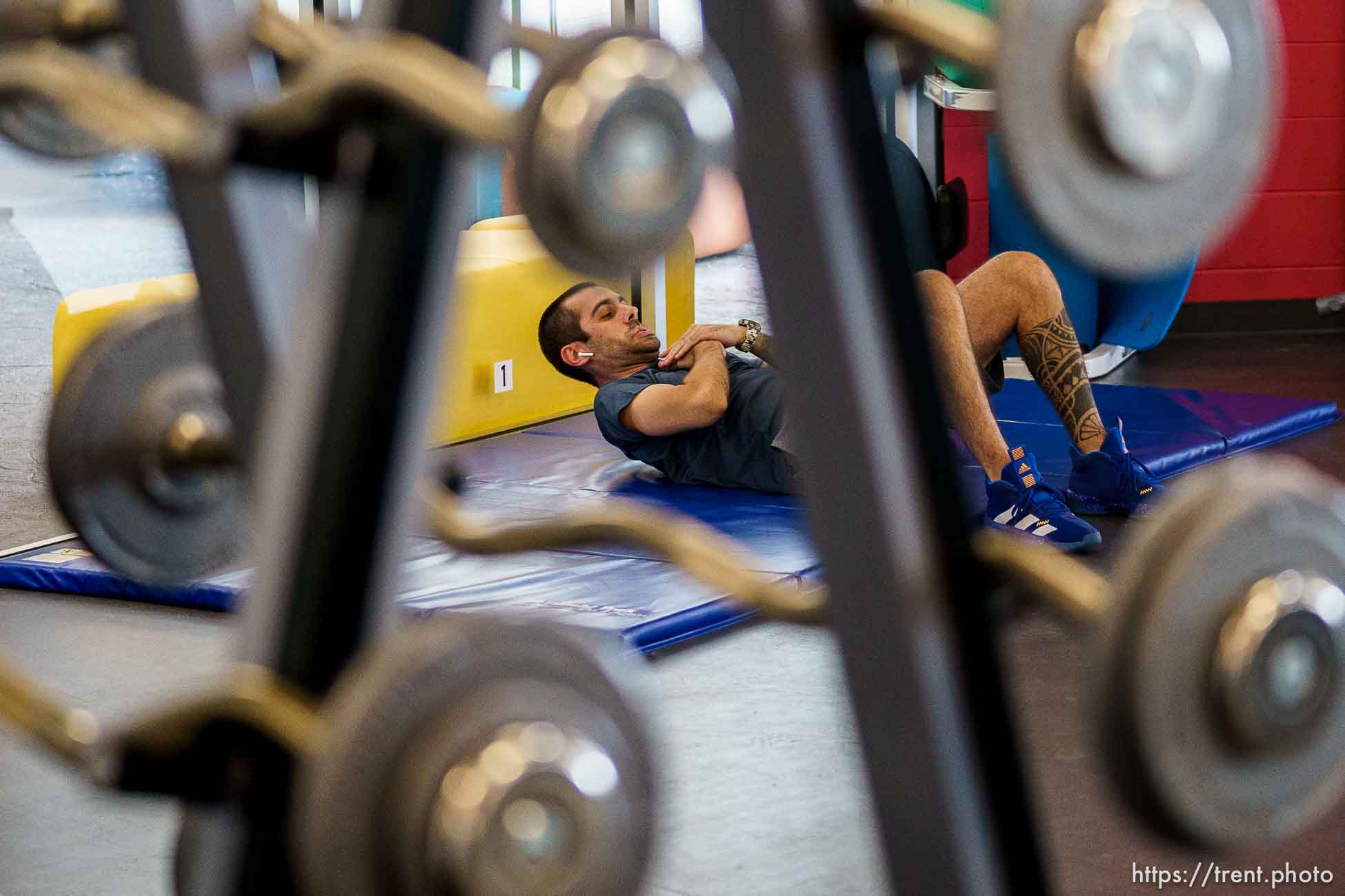 (Trent Nelson  |  The Salt Lake Tribune) Lucas Ribeiro works out at the Draper Recreation Center on Monday, May 10, 2021. Masks are not required in the facility when exericising.