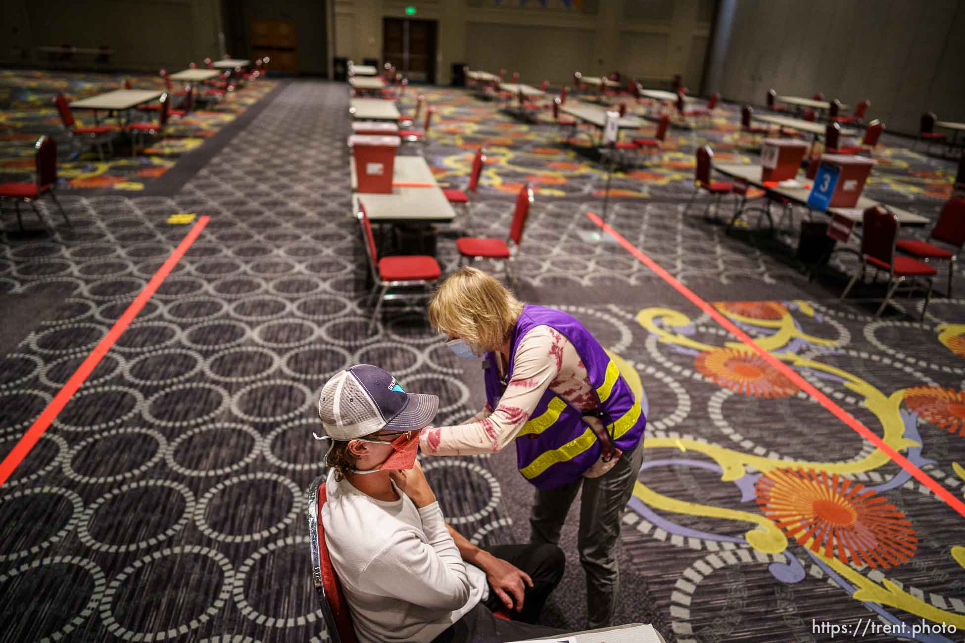 (Trent Nelson  |  The Salt Lake Tribune) Wendy Jenkin vaccinates Dalton Baker on the last day the Salt Lake County Health Department's COVID-19 vaccine operation was open at the Salt Palace Convention Center in Salt Lake City, Saturday, May 29, 2021.