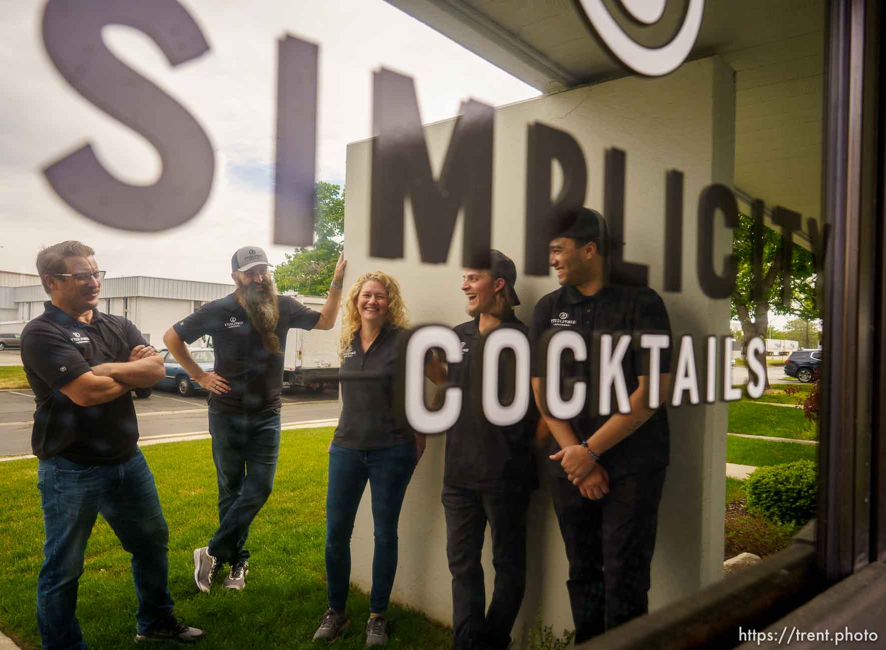 (Trent Nelson  |  The Salt Lake Tribune) Simplicity Canned Cocktails in Salt Lake City on Monday, May 17, 2021. From left, Chad Linville, Chris Weed, Rebecca Weed, Liam Mooney, and Xavier Jarvis.