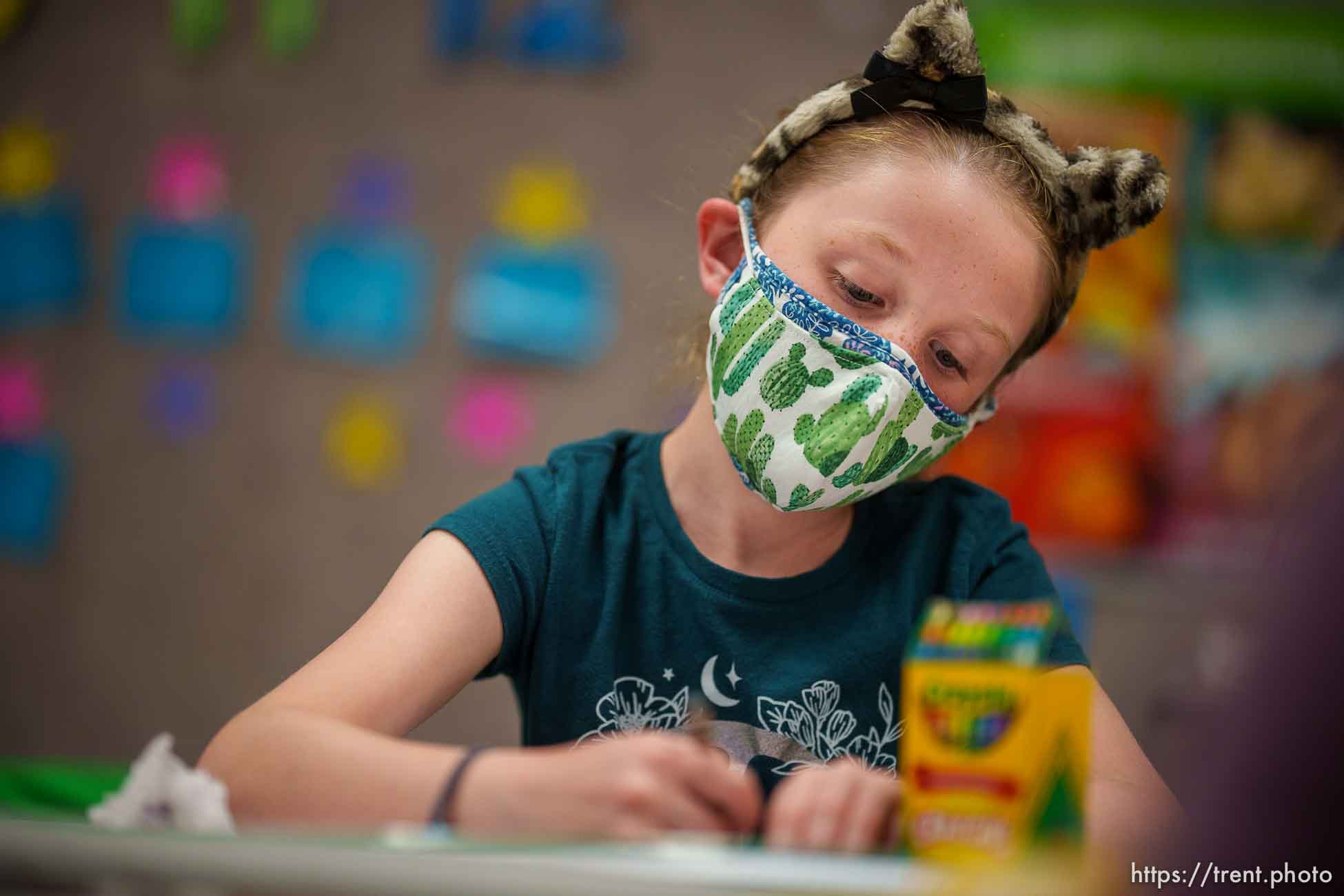 (Trent Nelson  |  The Salt Lake Tribune) Canyon View Elementary third grader Ellie Gorzny wearing a mask during class in Cottonwood Heights on Tuesday, May 18, 2021.