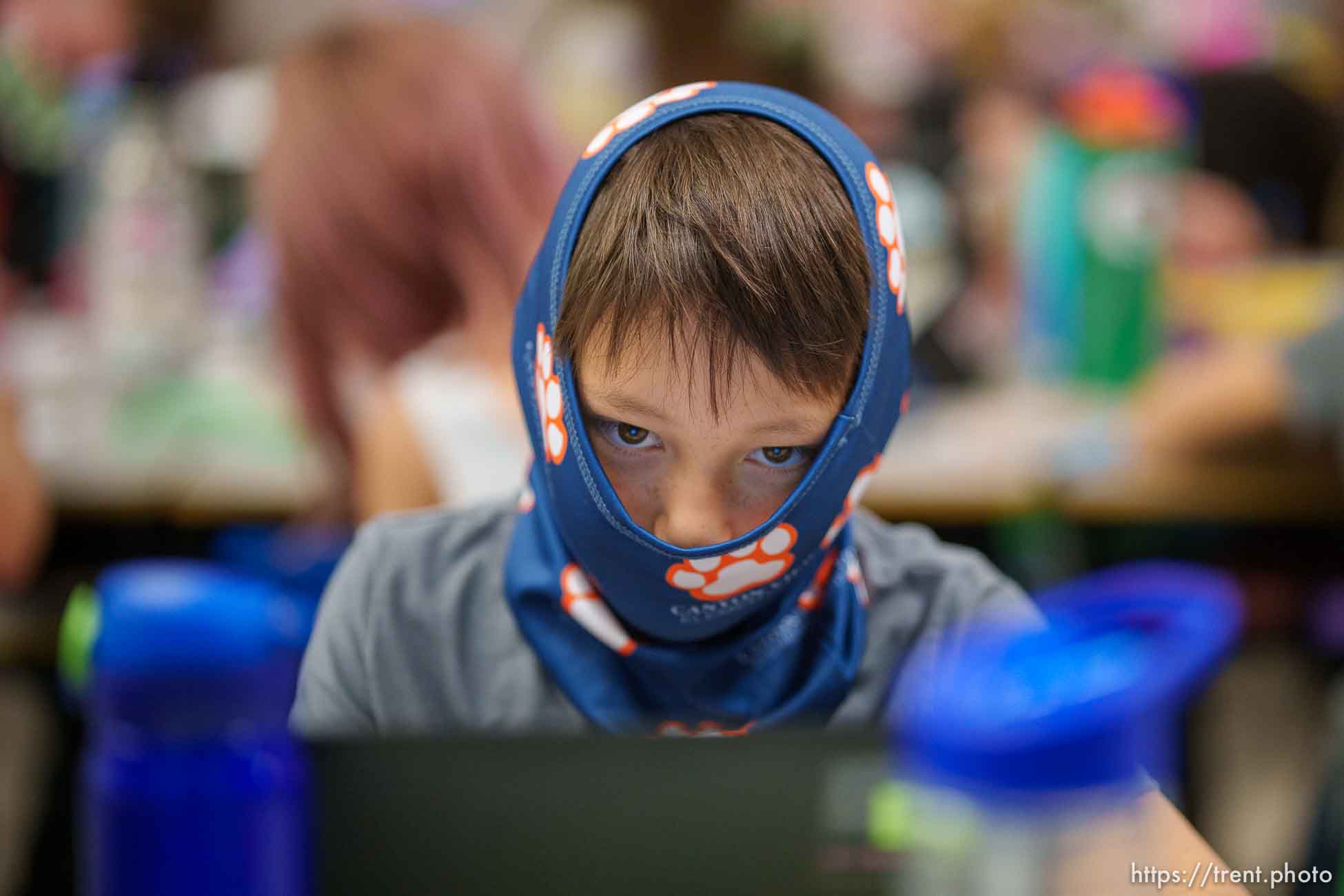 (Trent Nelson  |  The Salt Lake Tribune) Canyon View Elementary third grader Michael Wight wearing a mask during class in Cottonwood Heights on Tuesday, May 18, 2021.