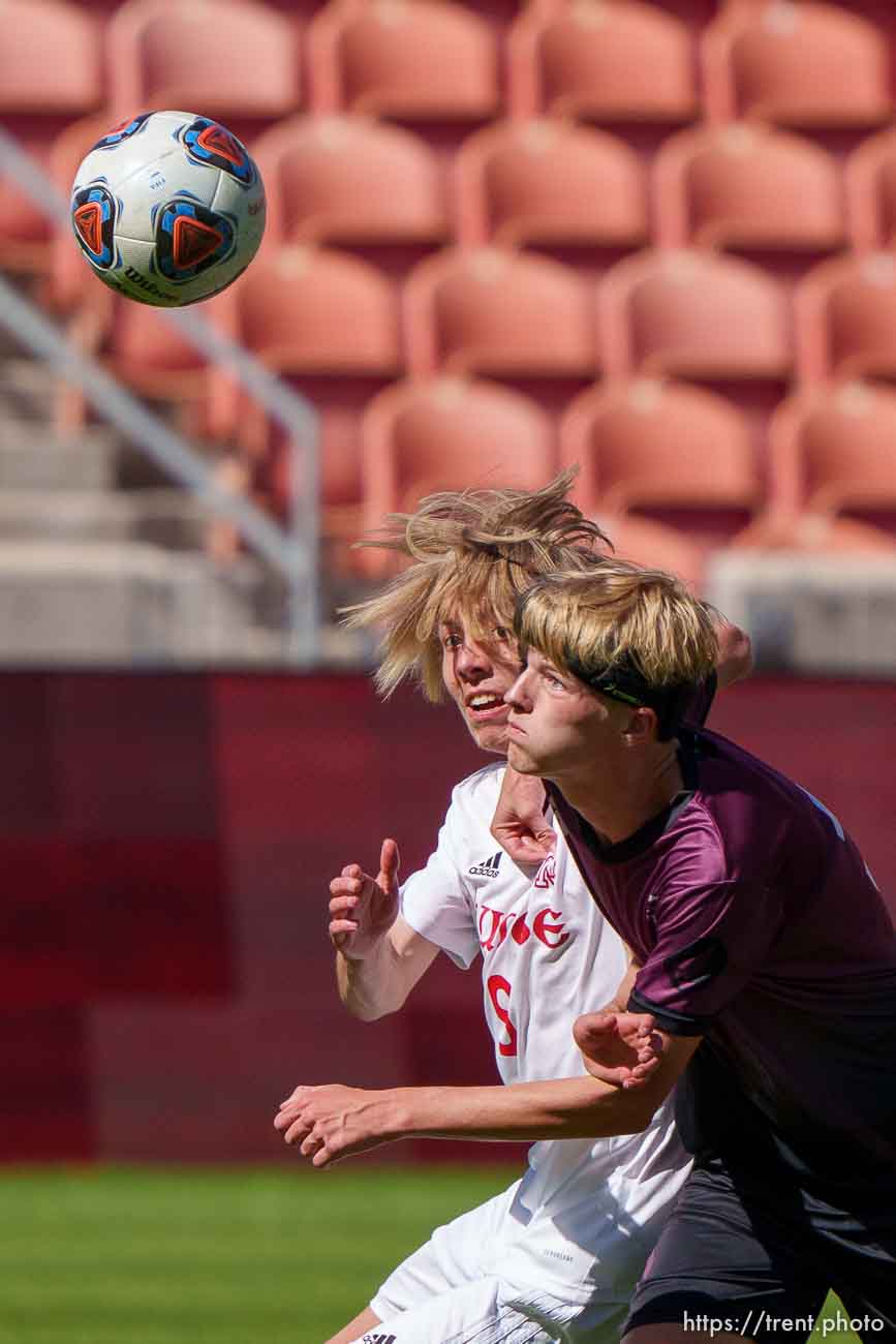 (Trent Nelson  |  The Salt Lake Tribune) Judge Memorial's Evan Nelson and Morgan High School's Wyatt Grow in the 3A boys soccer championship, at Rio Tinto Stadium in Sandy on Tuesday, May 18, 2021.