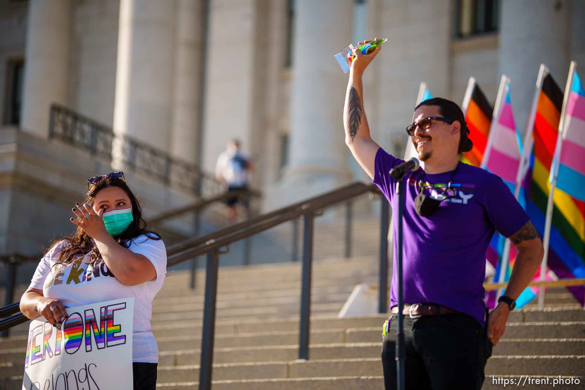 (Trent Nelson  |  The Salt Lake Tribune) Horizon Elementary School teacher Sarah Paul wipes a tear from her eye as John Arthur presents her with the F.A.M. Educator of the Year Award during a rally at the state Capitol in Salt Lake City on Tuesday, May 18, 2021. Friends, Allies and Mentors of the LGBTQ+ Community is a nonprofit organization created by educators.