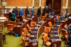 (Trent Nelson  |  The Salt Lake Tribune) House Democrats walking off the floor as Republicans move to debate resolution on teaching critical race theory during a special session at the State Capitol in Salt Lake City on Wednesday, May 19, 2021.