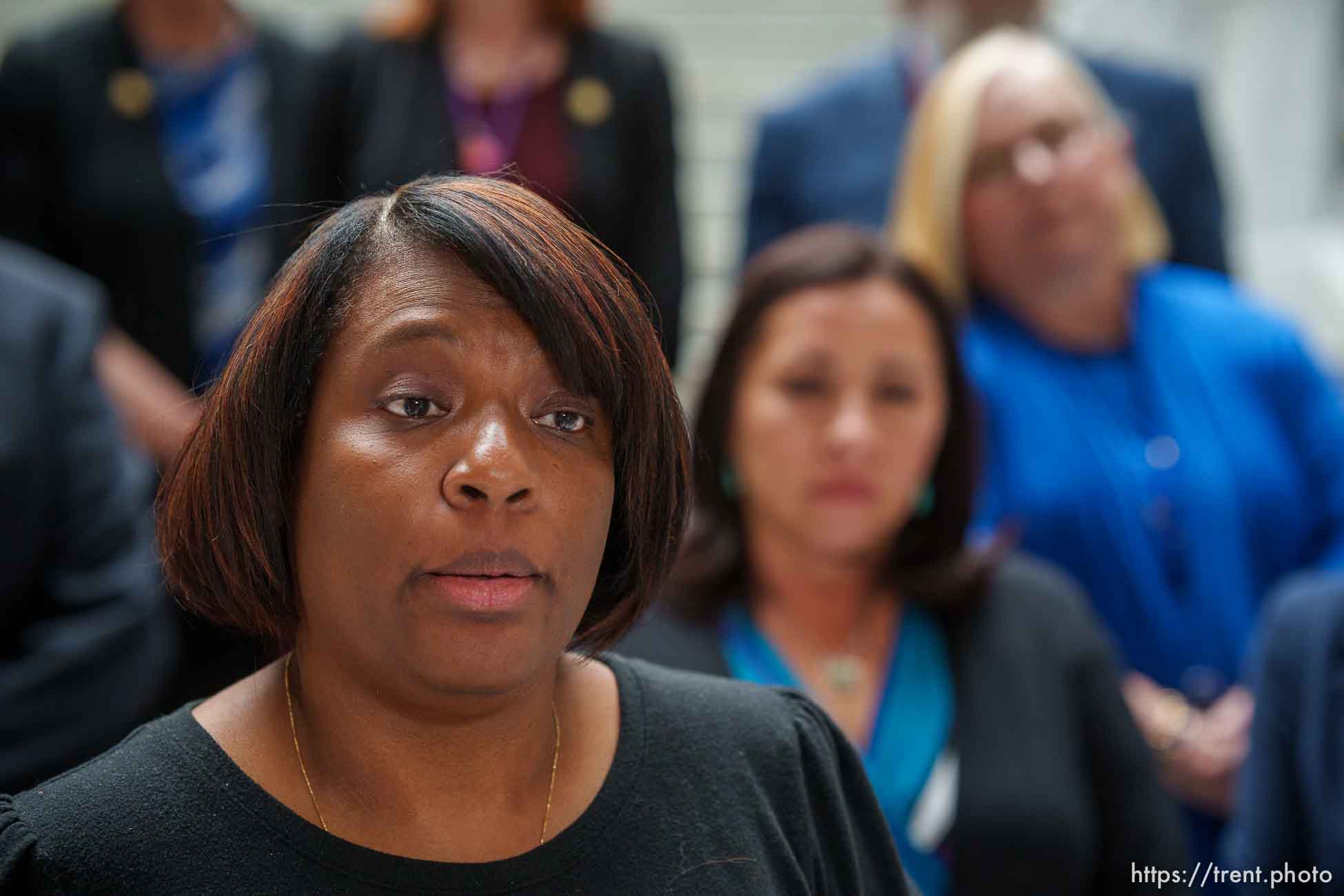 (Trent Nelson  |  The Salt Lake Tribune) Rep. Sandra Hollins, D-Salt Lake City, speaks after walking out of the House Chamber in Salt Lake City on Wednesday, May 19, 2021.