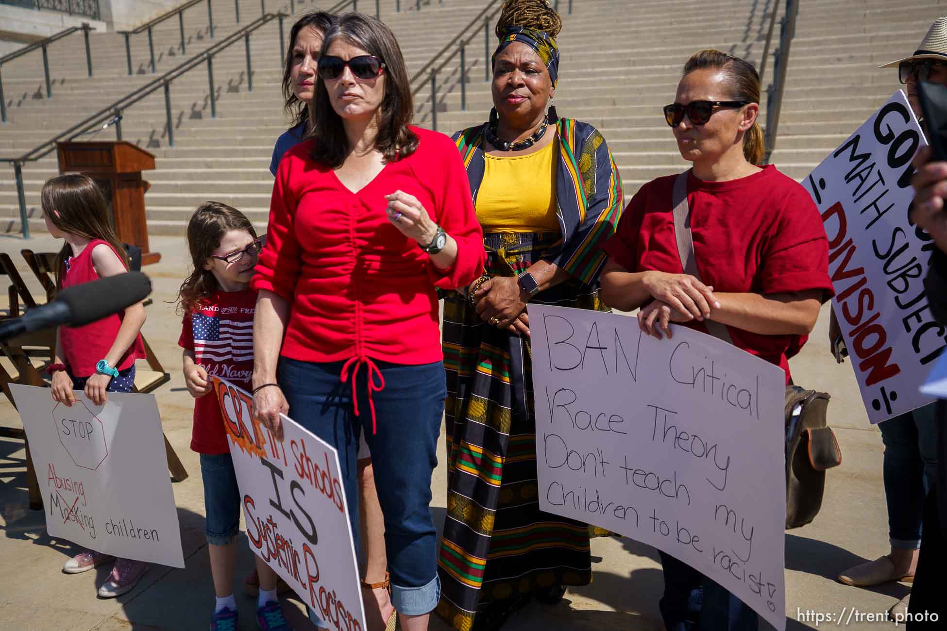 (Trent Nelson  |  The Salt Lake Tribune) Monica Wilbur expresses her opposition to critical race theory at the State Capitol in Salt Lake City on Wednesday, May 19, 2021. Standing behind her is Betty Sawyer, who holds an opposing point of view.