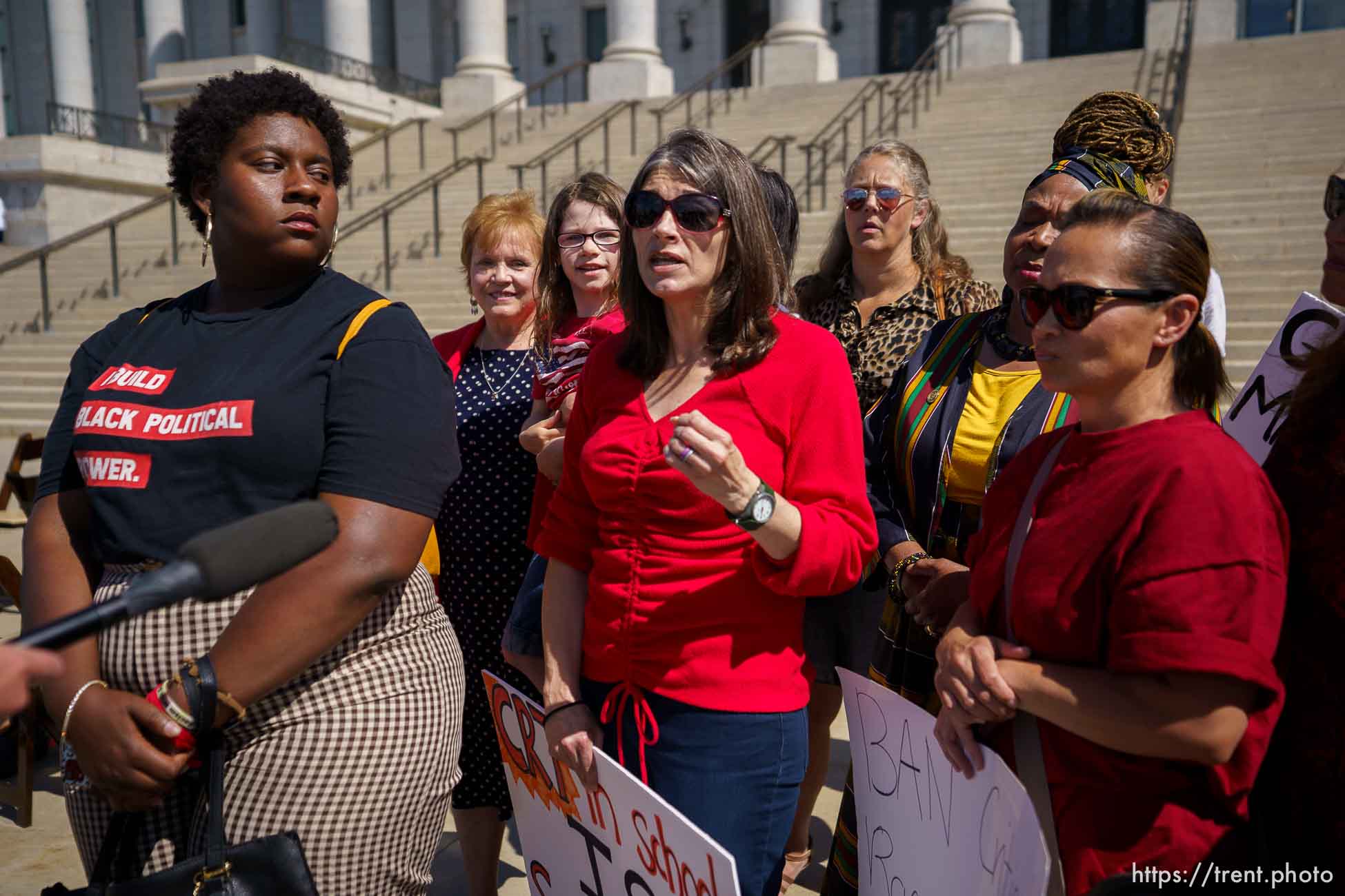 (Trent Nelson  |  The Salt Lake Tribune) Monica Wilbur expresses her opposition to critical race theory at the State Capitol in Salt Lake City on Wednesday, May 19, 2021. Crowding around her are people who agree with her and people who don't.