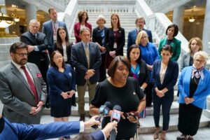 (Trent Nelson  |  The Salt Lake Tribune) Rep. Sandra Hollins, D-Salt Lake City, speaks, standing with other House Democrats who walked out of the House Chamber in Salt Lake City on Wednesday, May 19, 2021.