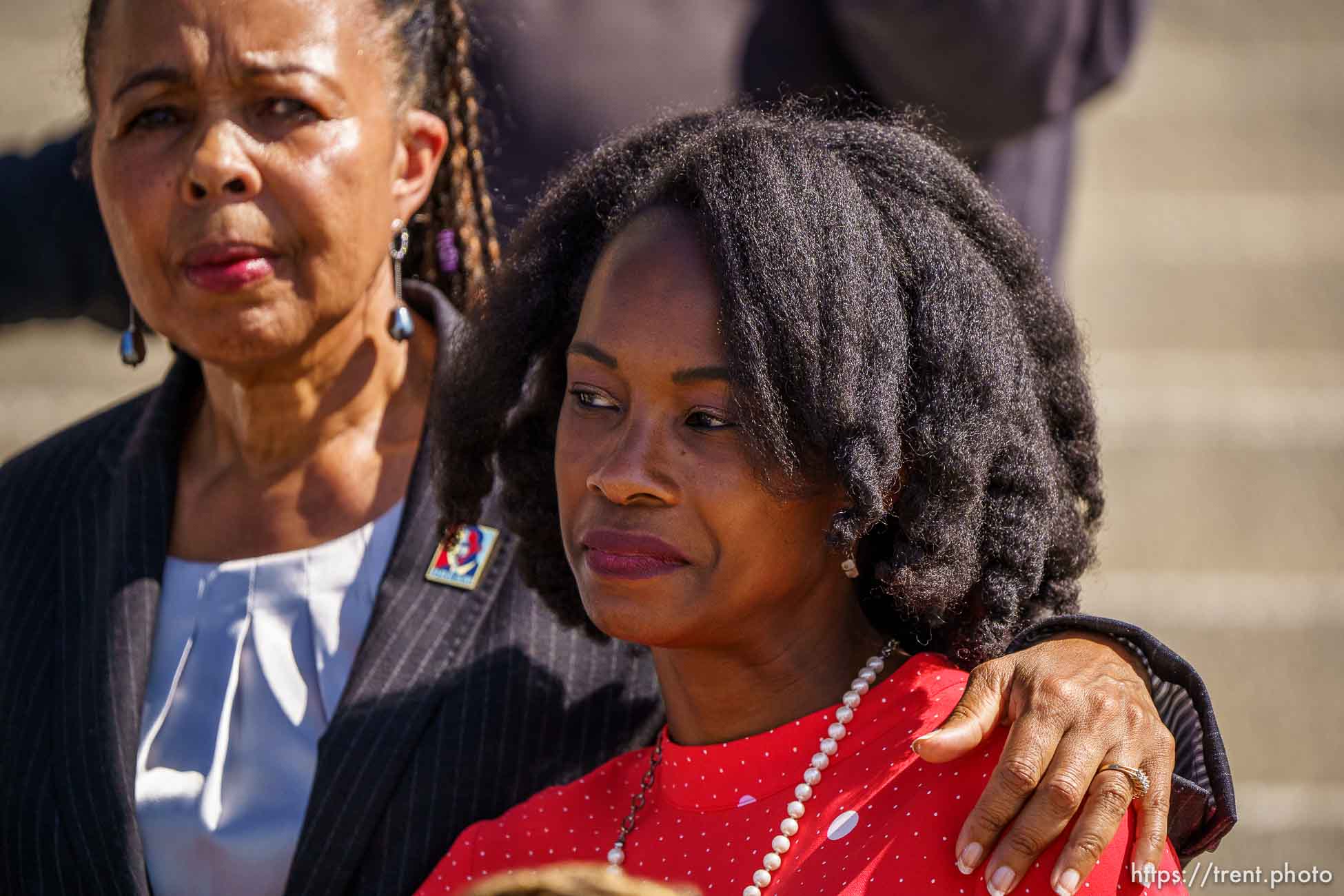 (Trent Nelson  |  The Salt Lake Tribune) Jackie Thompson and Michelle Love-Day at a news conference by the Utah Educational Equity Coalition at the State Capitol in Salt Lake City on Wednesday, May 19, 2021.